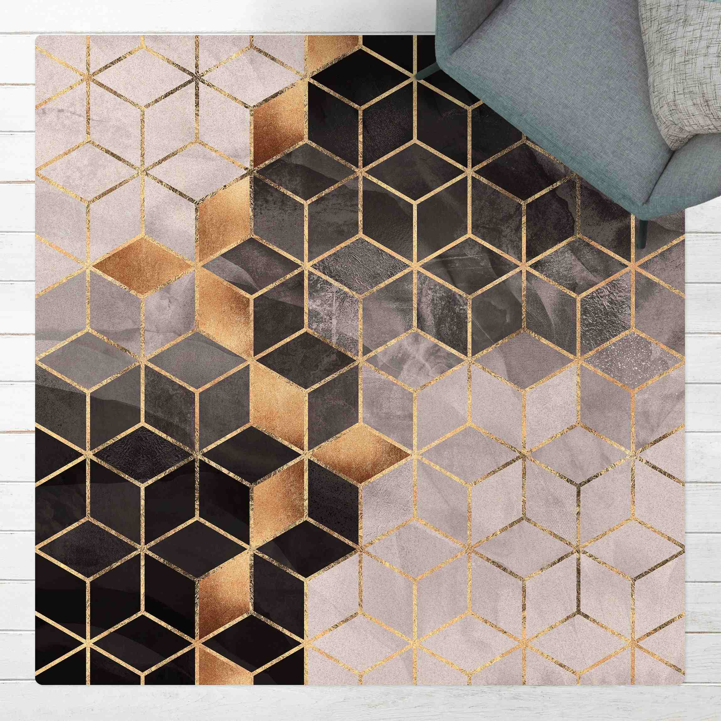 Kork-Teppich Schwarz Weiß goldene Geometrie
