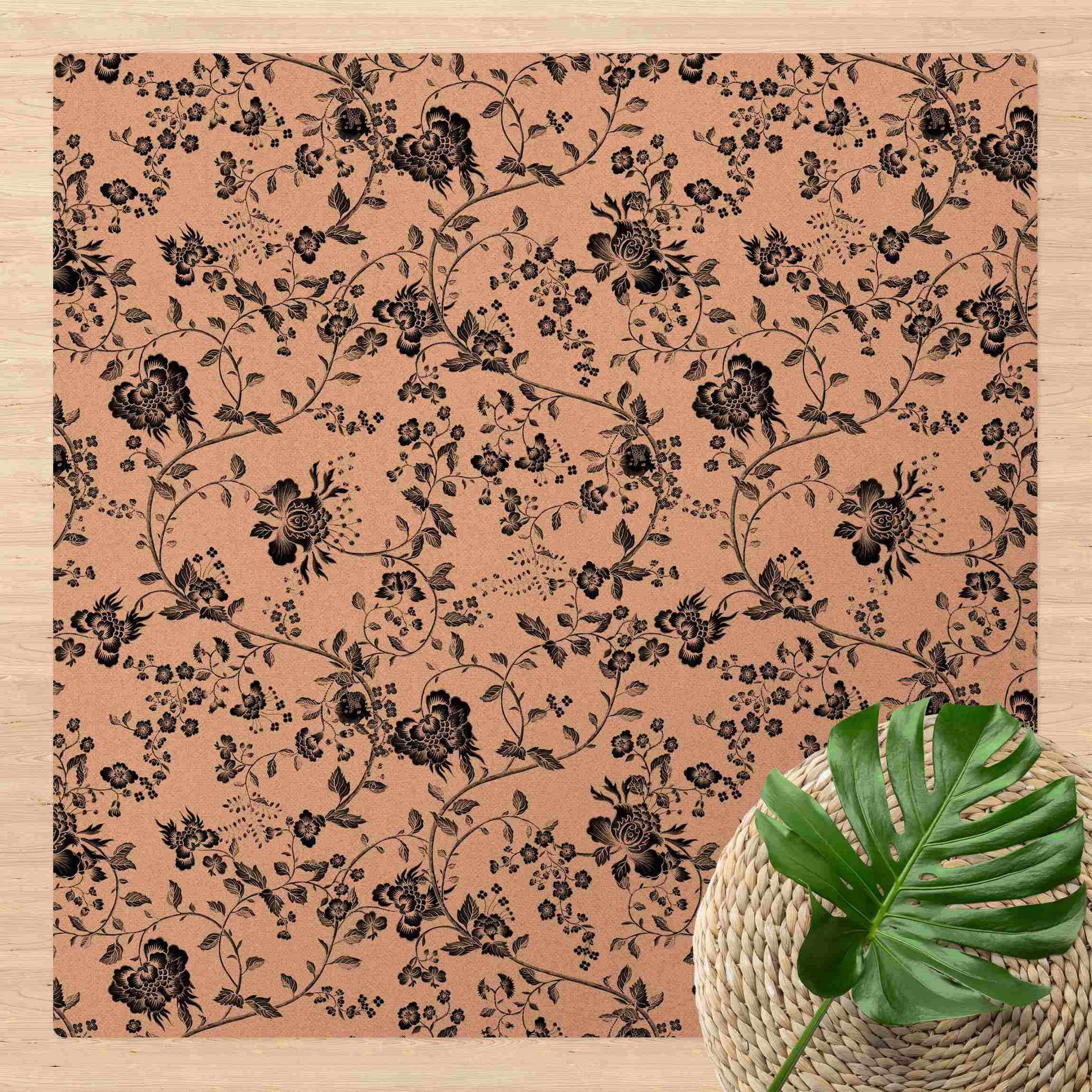 Kork-Teppich Schwarze Blumenranken