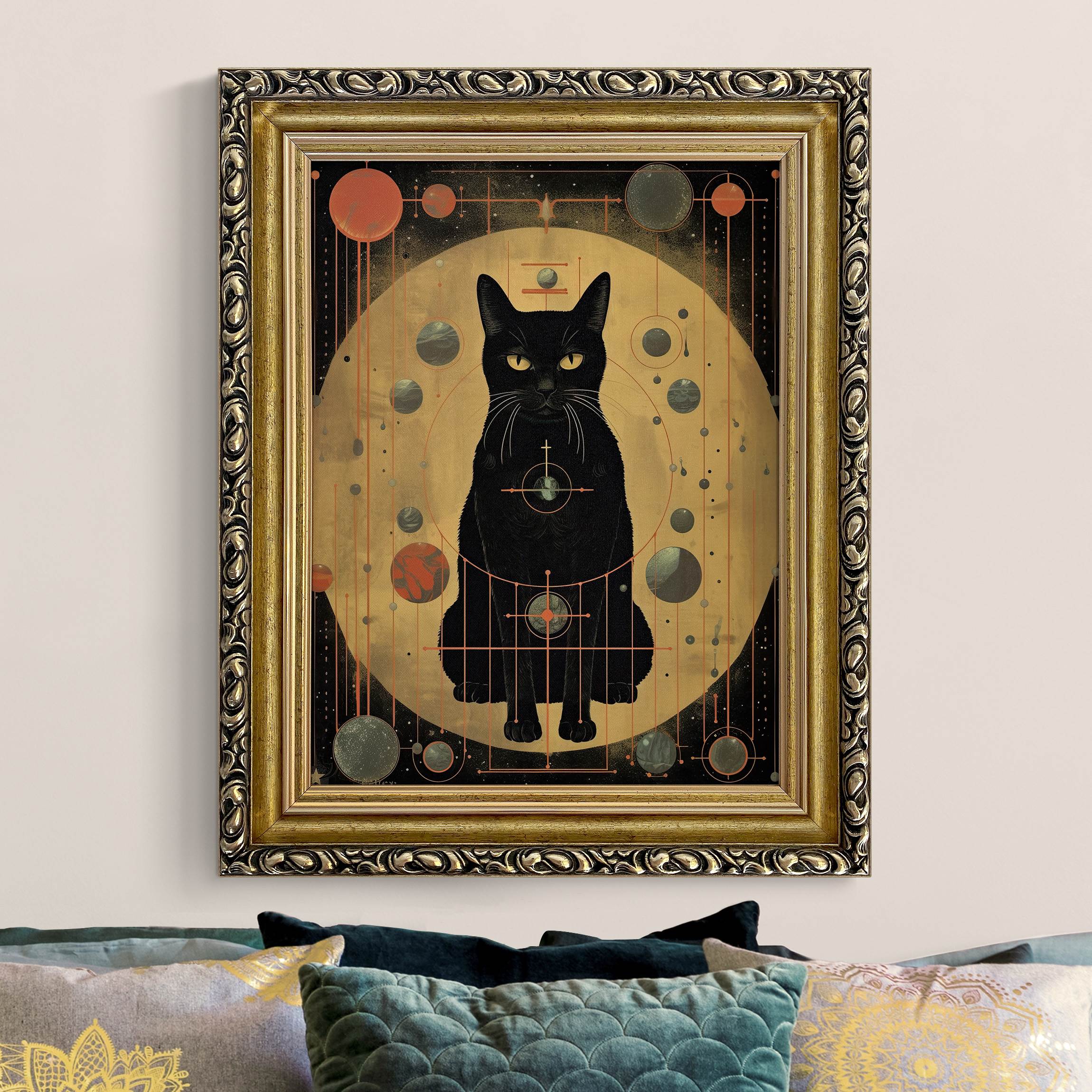 Leinwandbild mit Barockrahmen Schwarze Katze Universum Collage