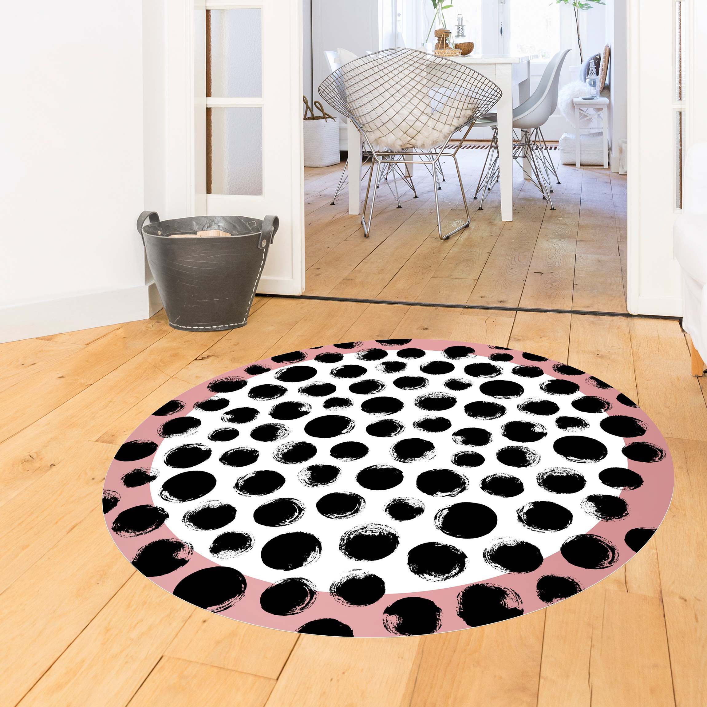 Runder Vinyl-Teppich Schwarze Tusche Polkadots mit Rahmen