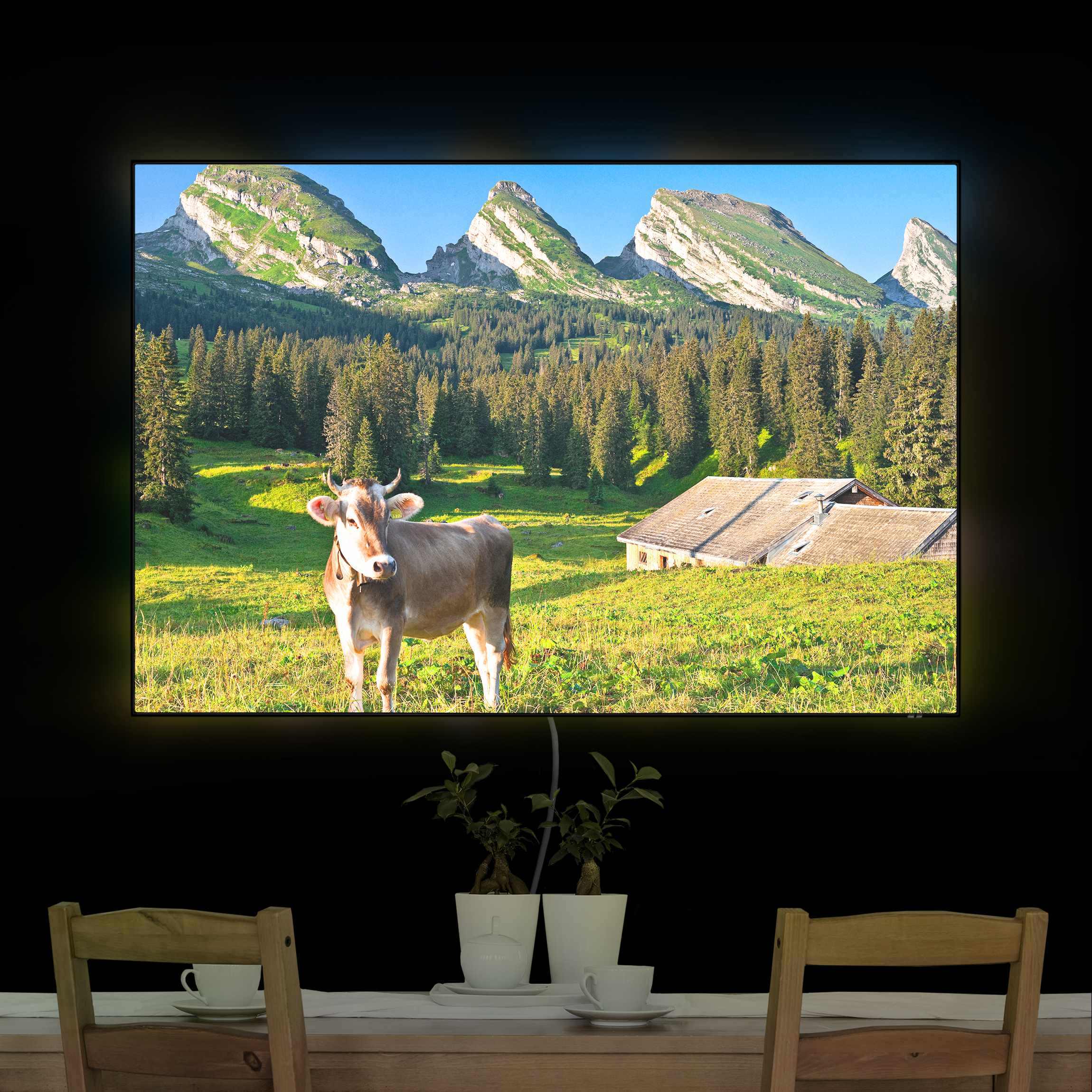 LED-Wechselbild Schweizer Almwiese mit Kuh