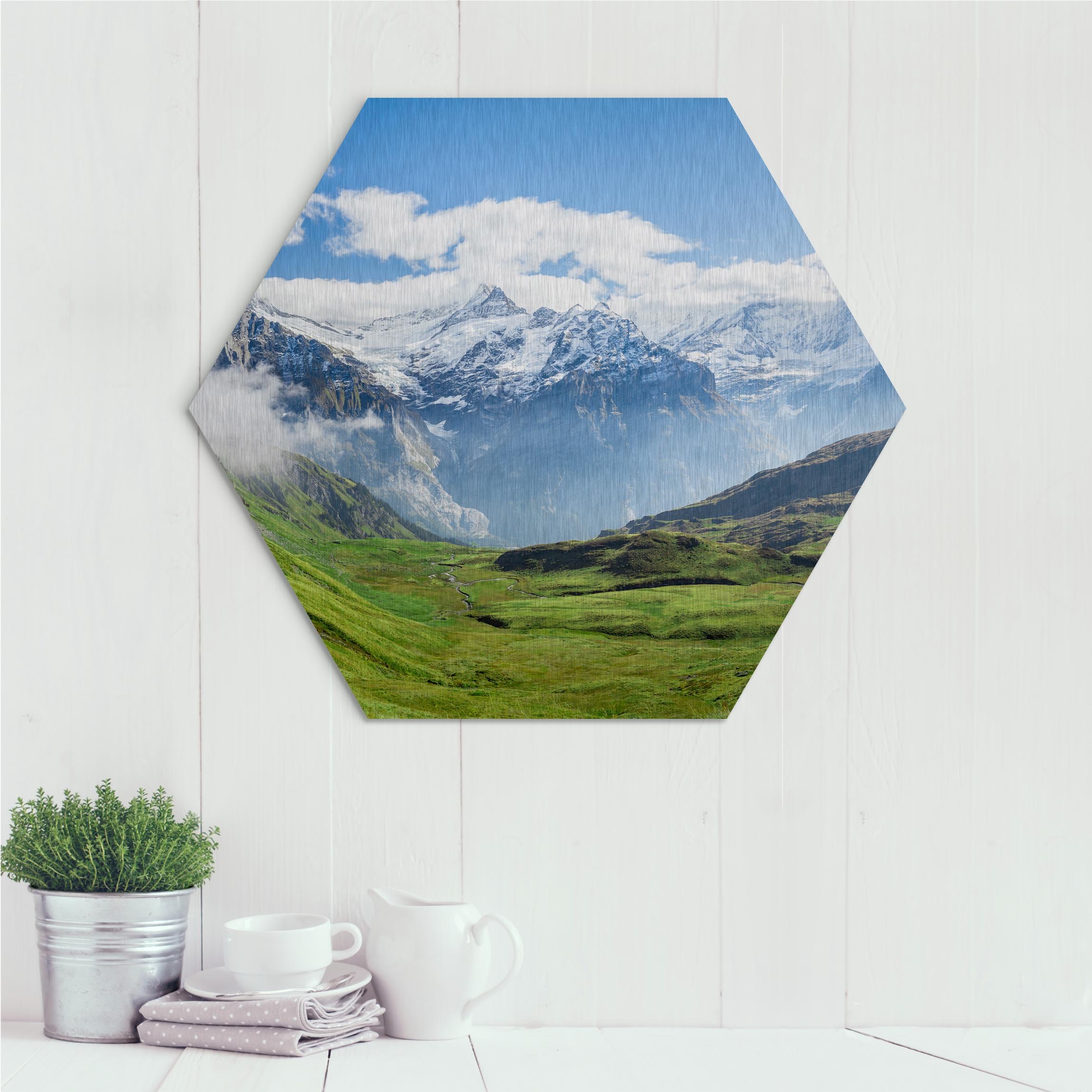 Hexagon-Alu-Dibond Bild Schweizer Alpenpanorama