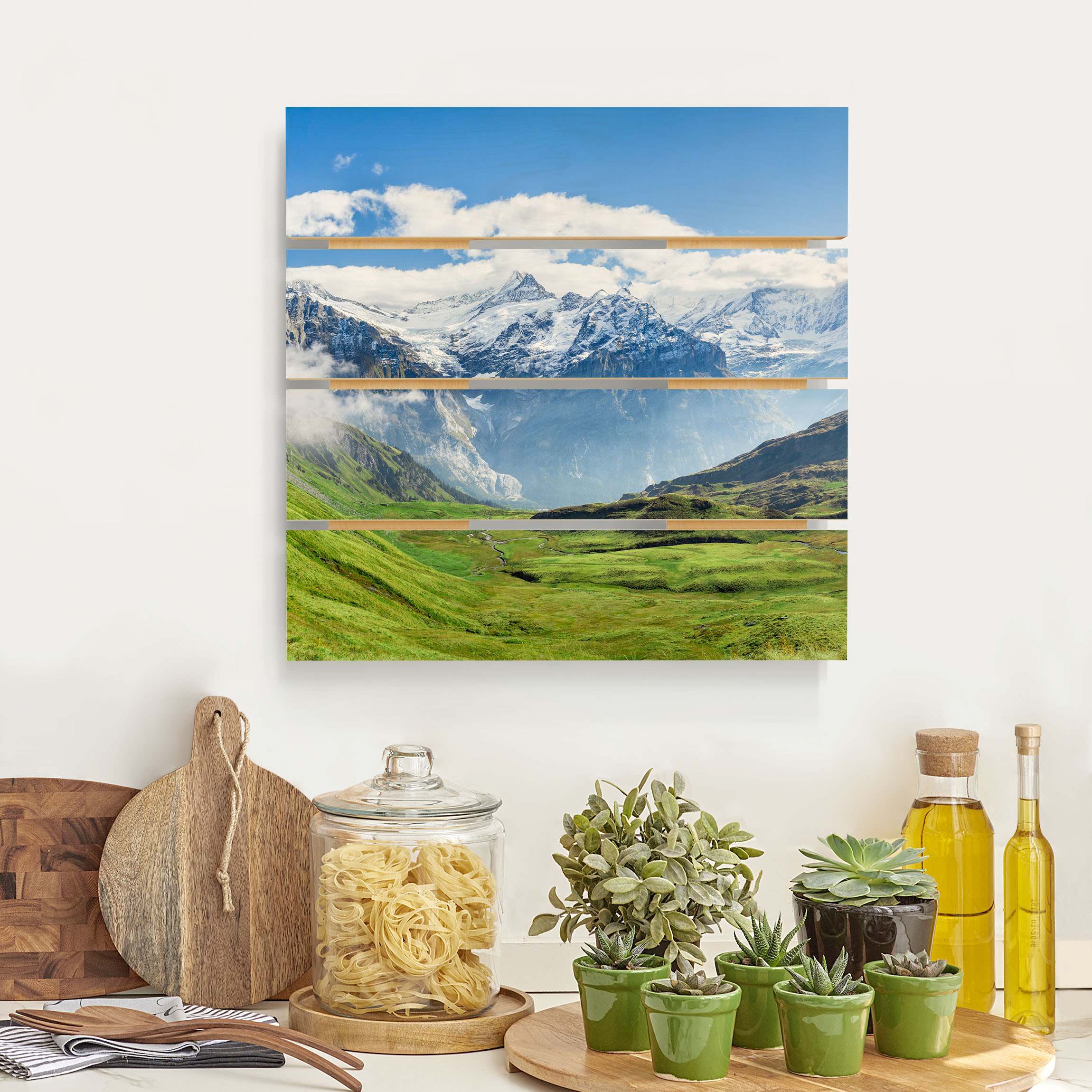 Holzbild Plankenoptik Schweizer Alpenpanorama