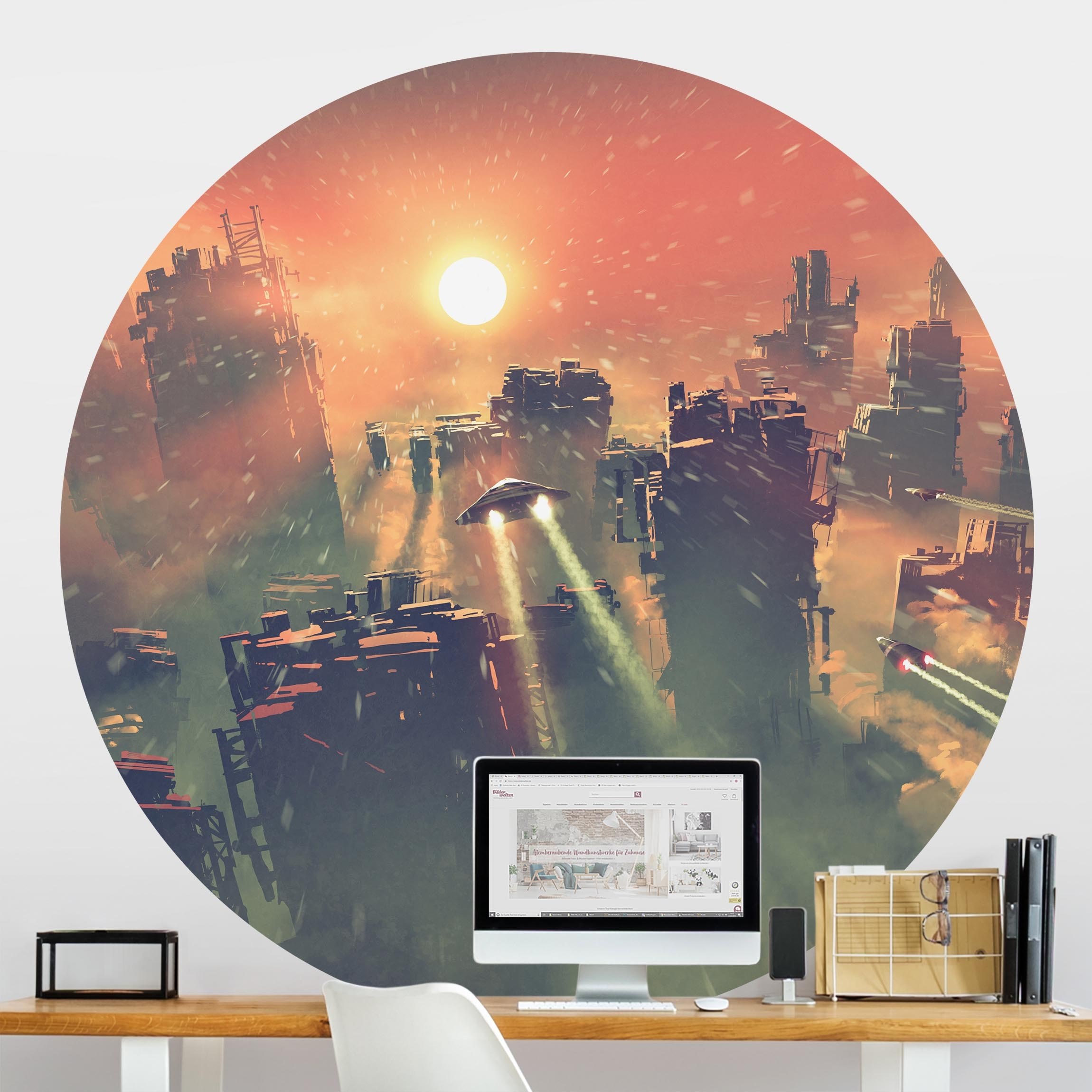 Runde Tapete selbstklebend Sci-Fi Raumschiffe im Sonnenaufgang