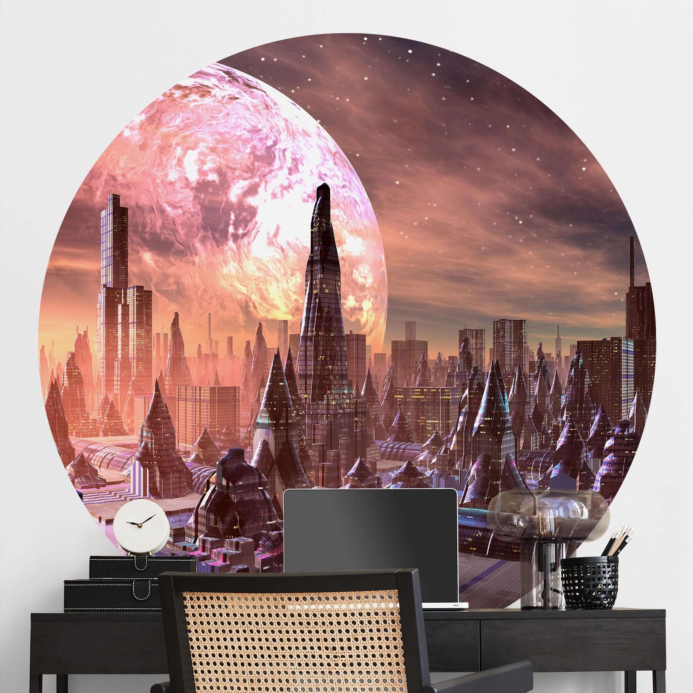 Runde Tapete selbstklebend Sci-Fi Stadt mit Planeten