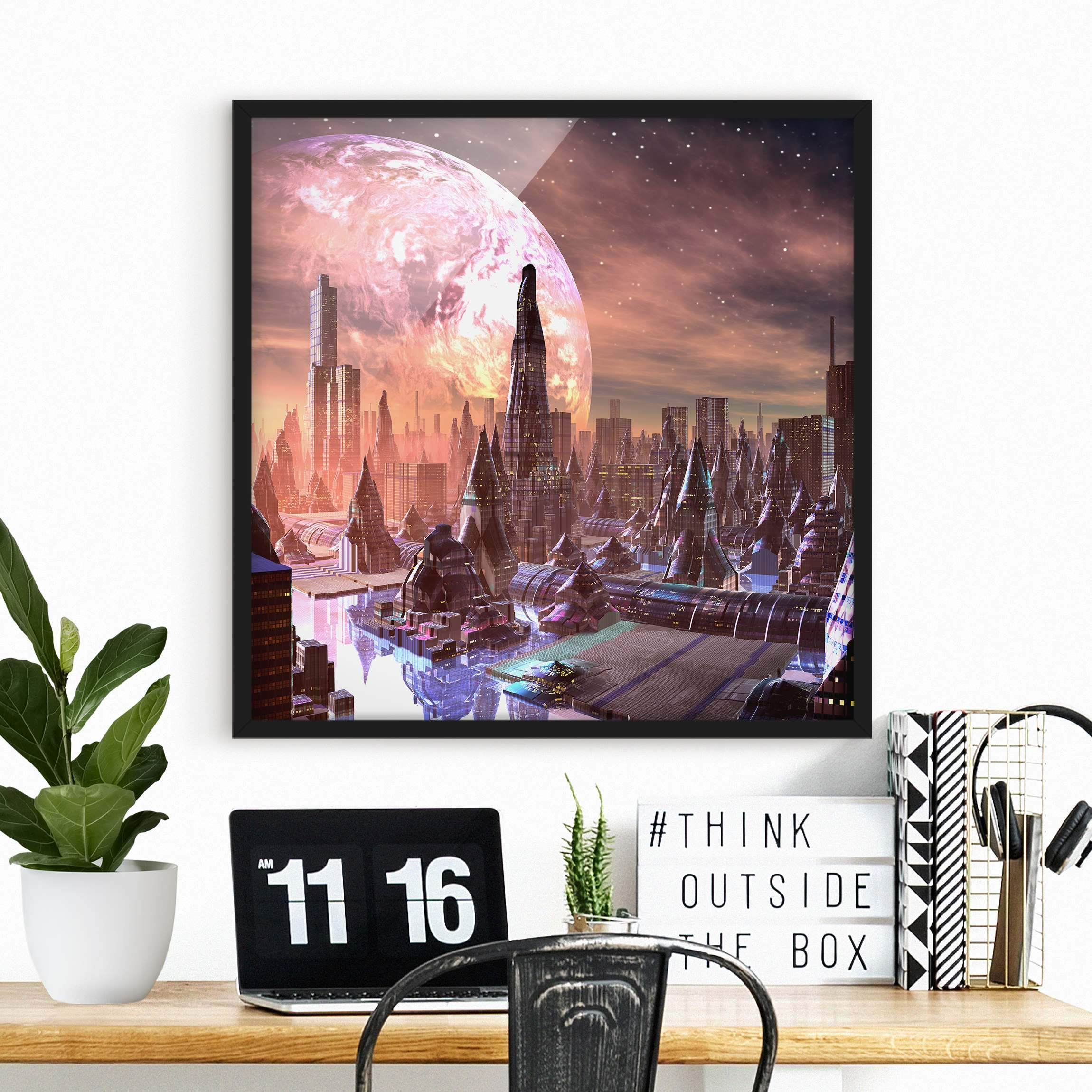 Bild mit Rahmen Sci-Fi Stadt mit Planeten