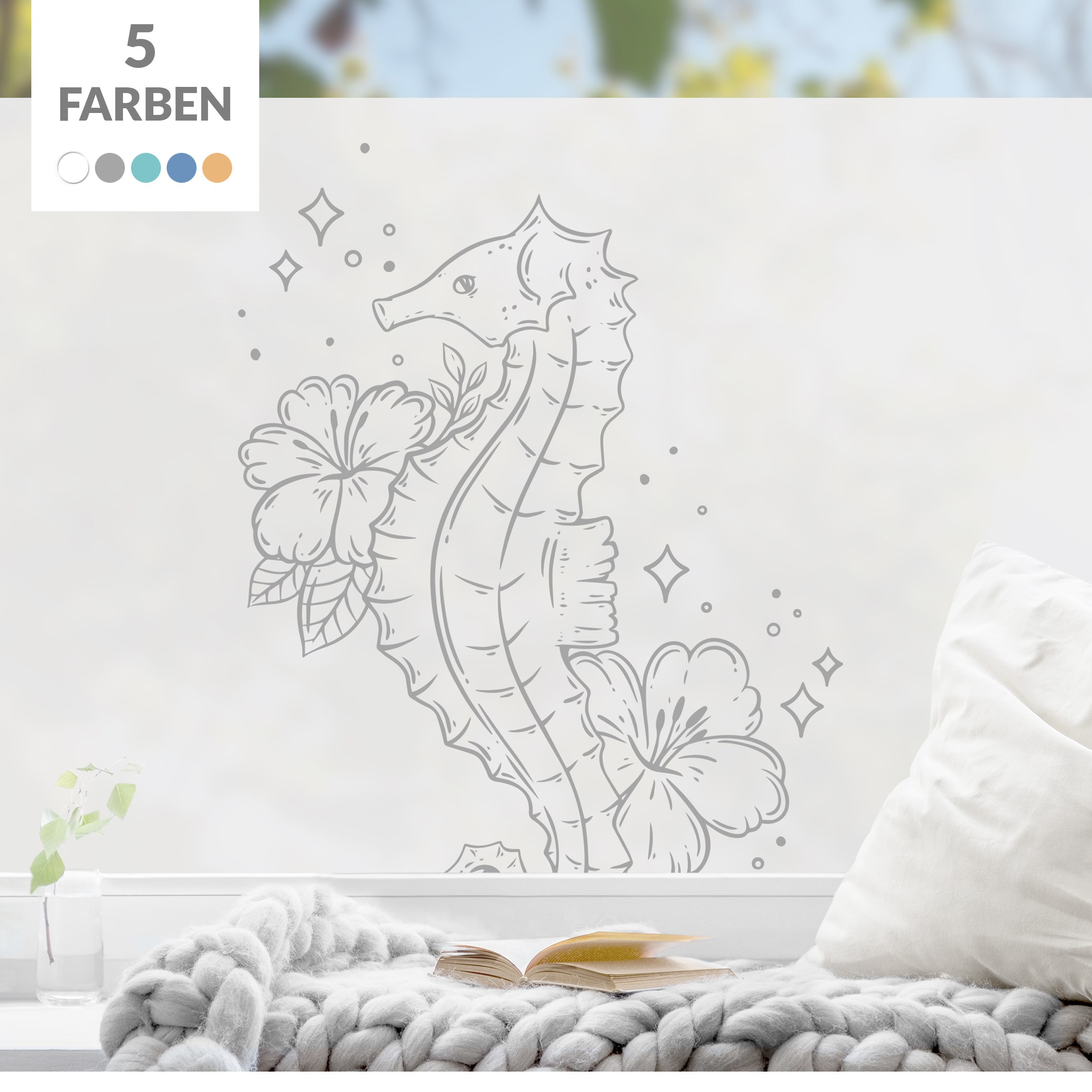 Milchglasfolie Seepferdchen mit Blüten