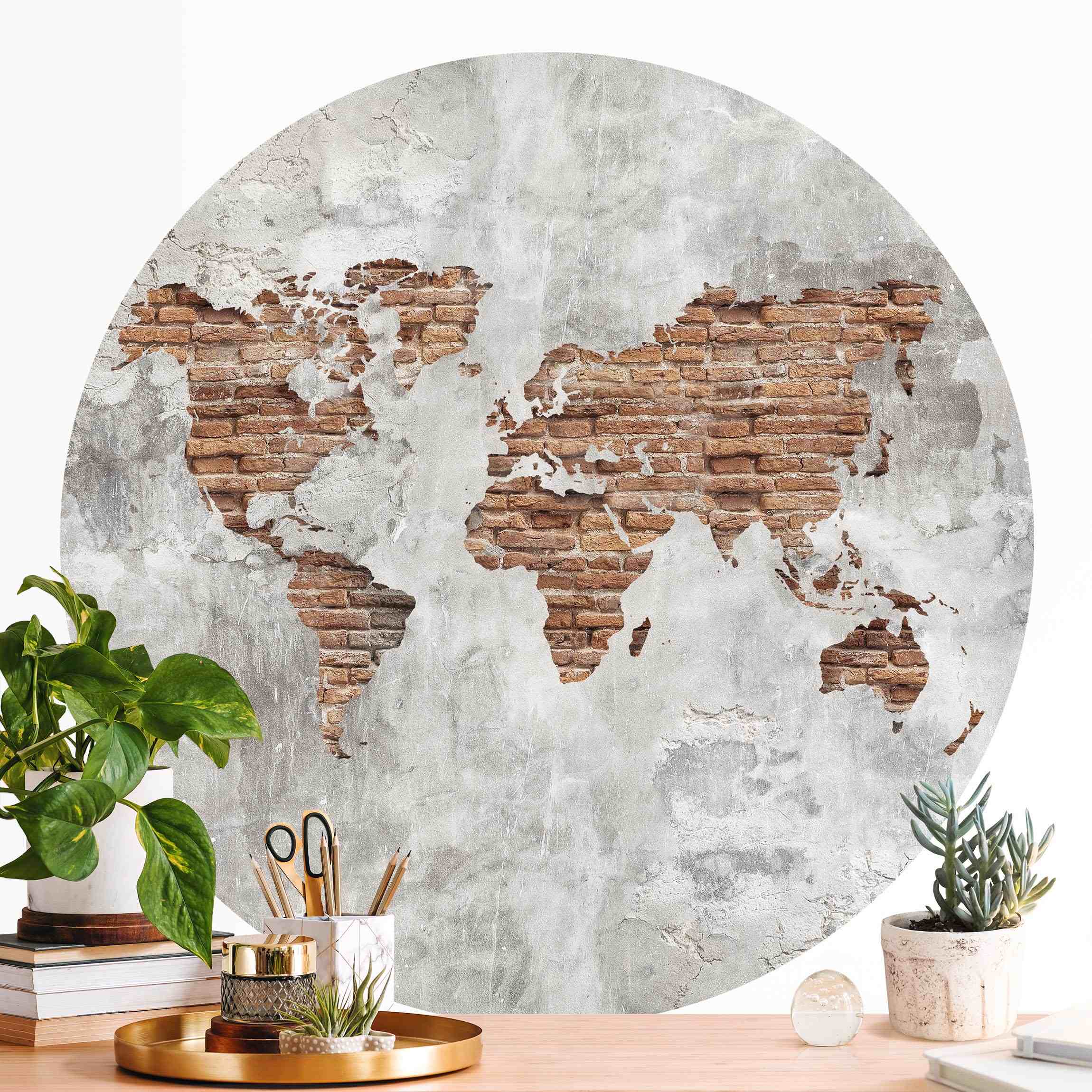 Runde Fototapete Shabby Beton Backstein Weltkarte