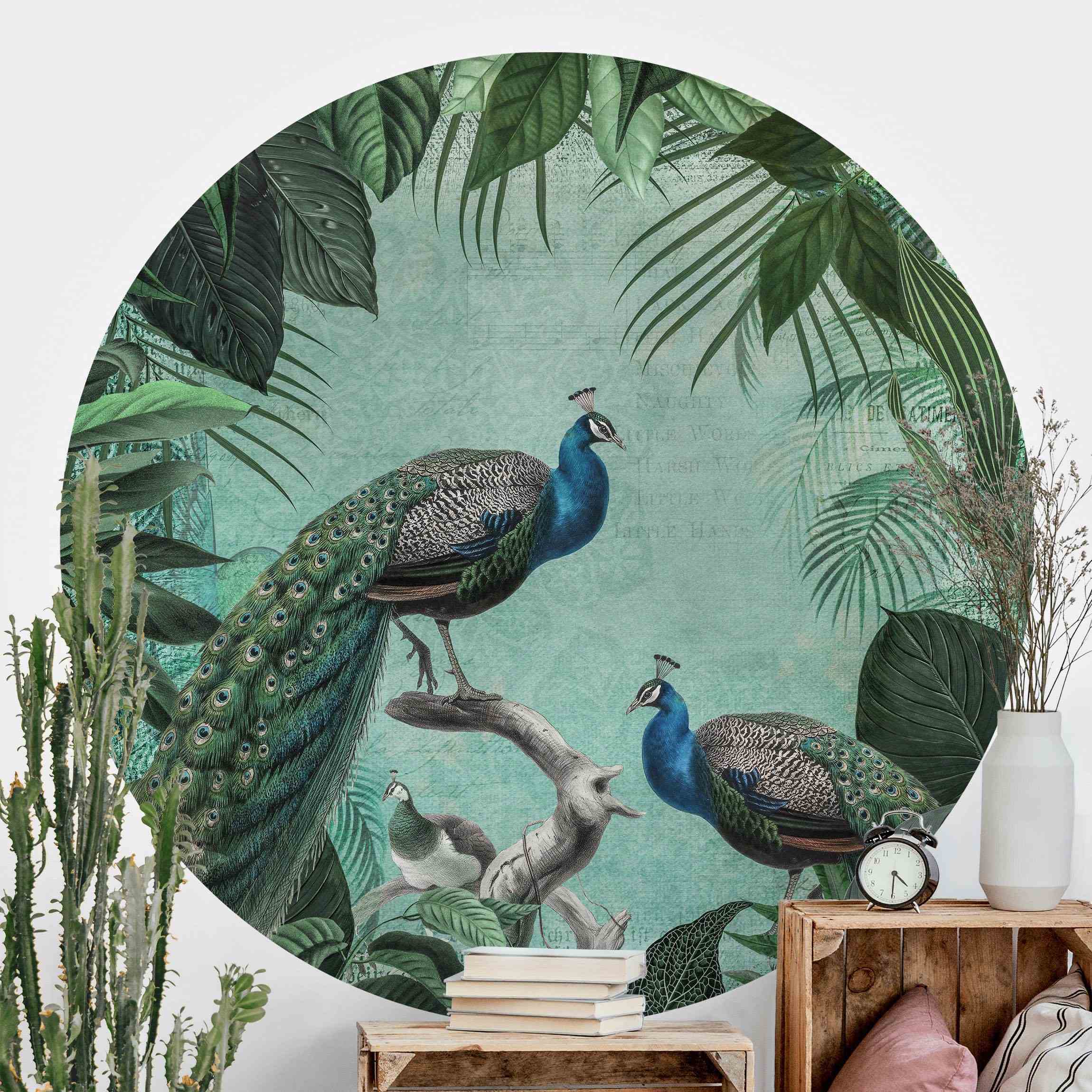 Runde Fototapete selbstklebend Shabby Chic Collage - Edler Pfau