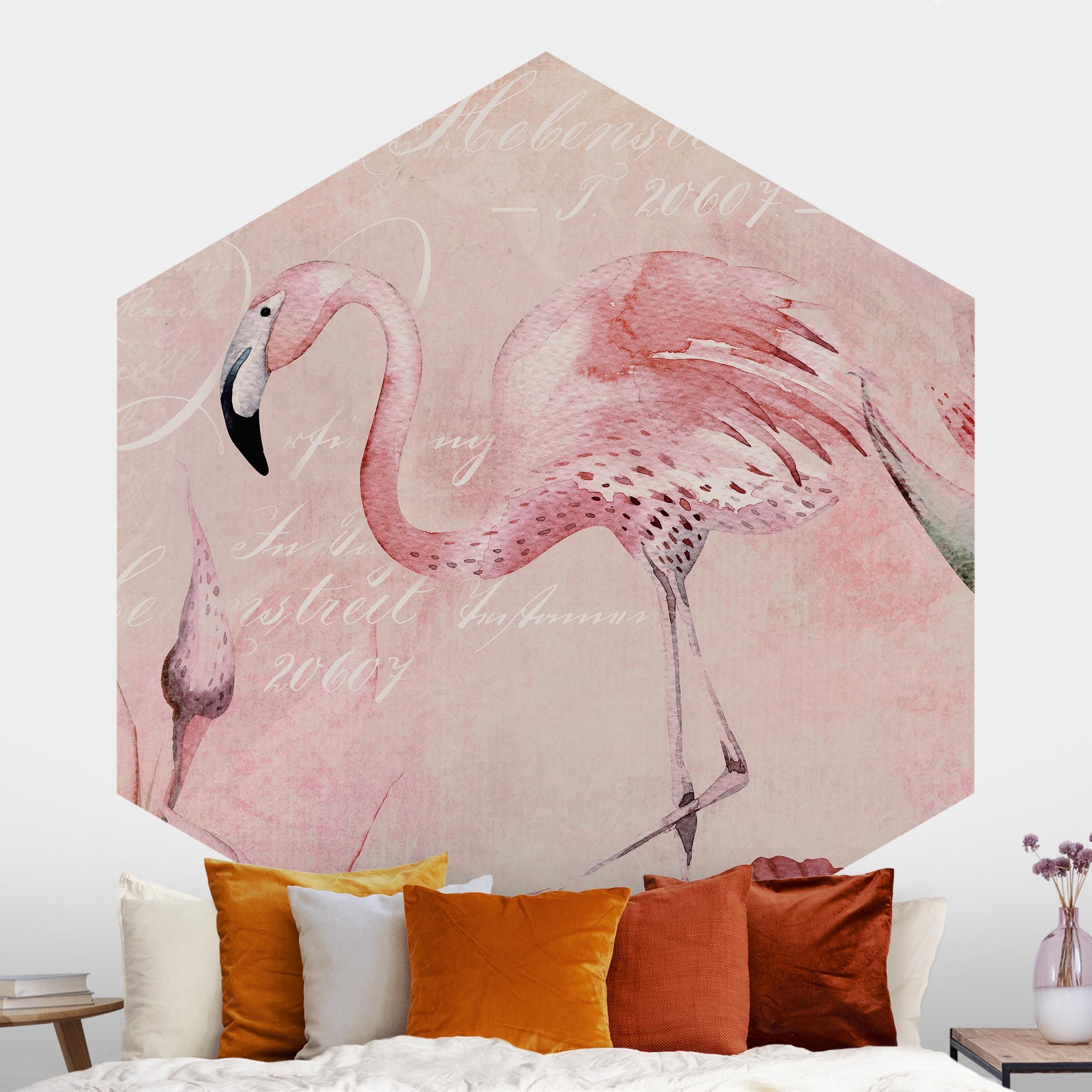 Hexagon Fototapete Shabby Chic Collage - Flamingo