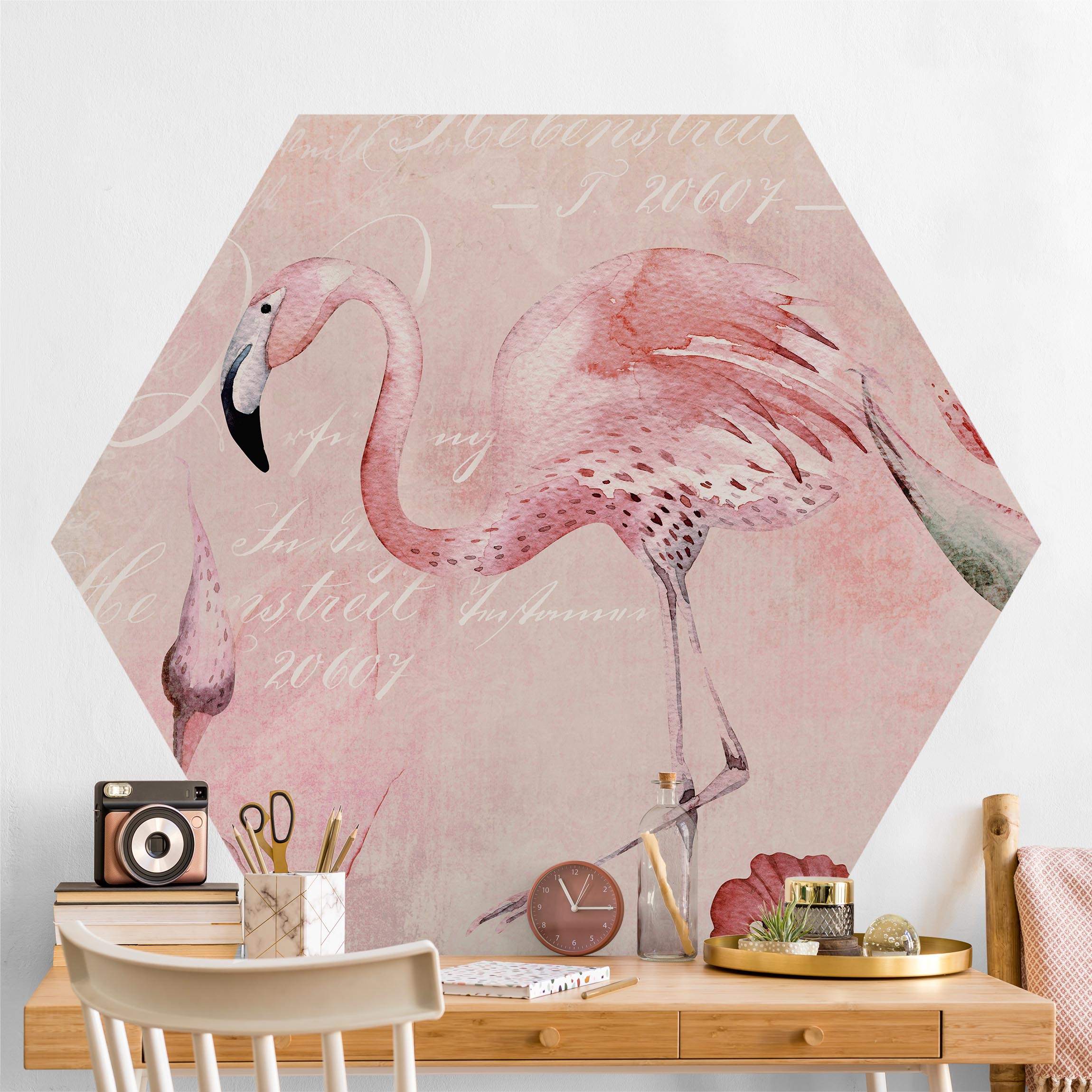 Hexagon Fototapete Shabby Chic Collage - Flamingo