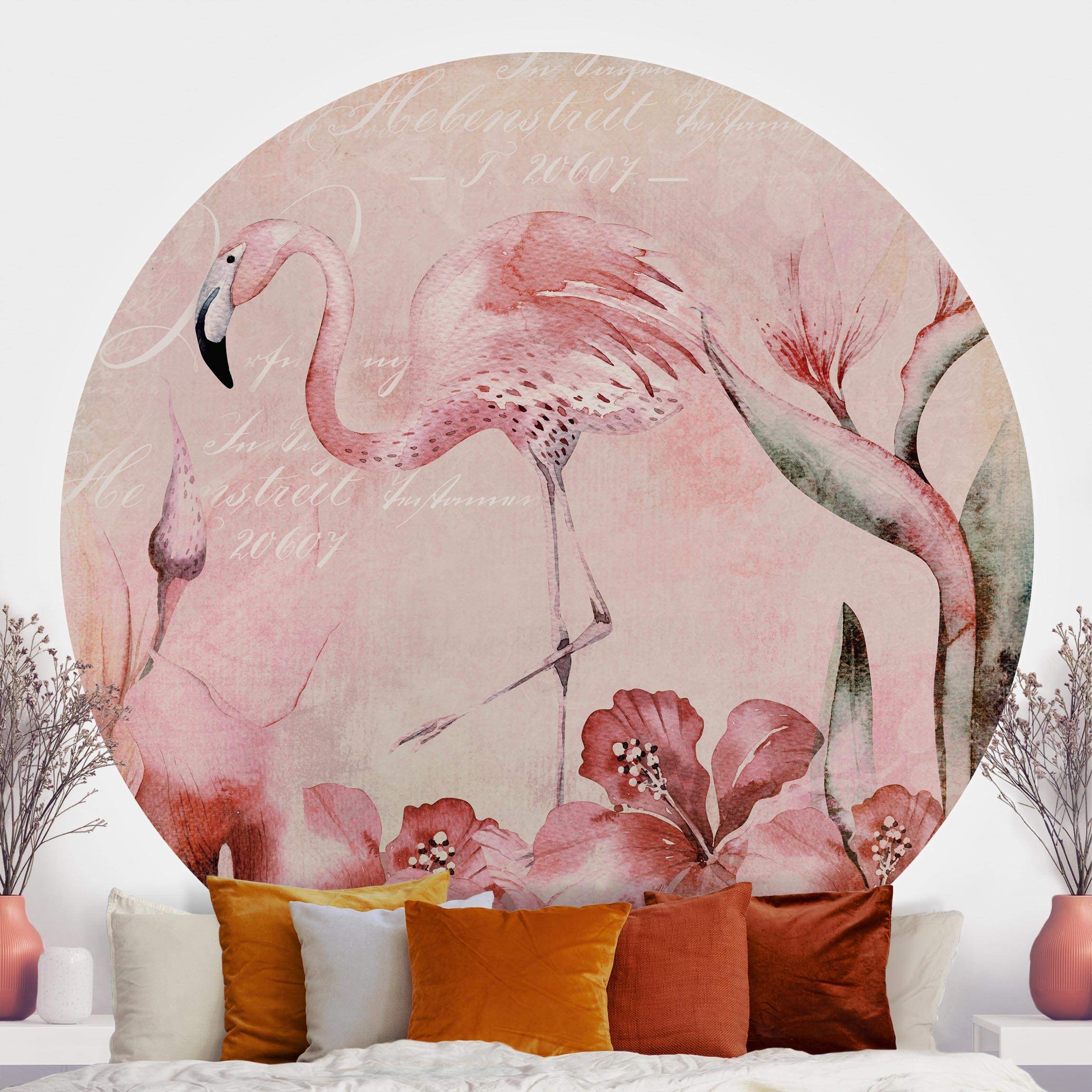 Runde Fototapete selbstklebend Shabby Chic Collage - Flamingo