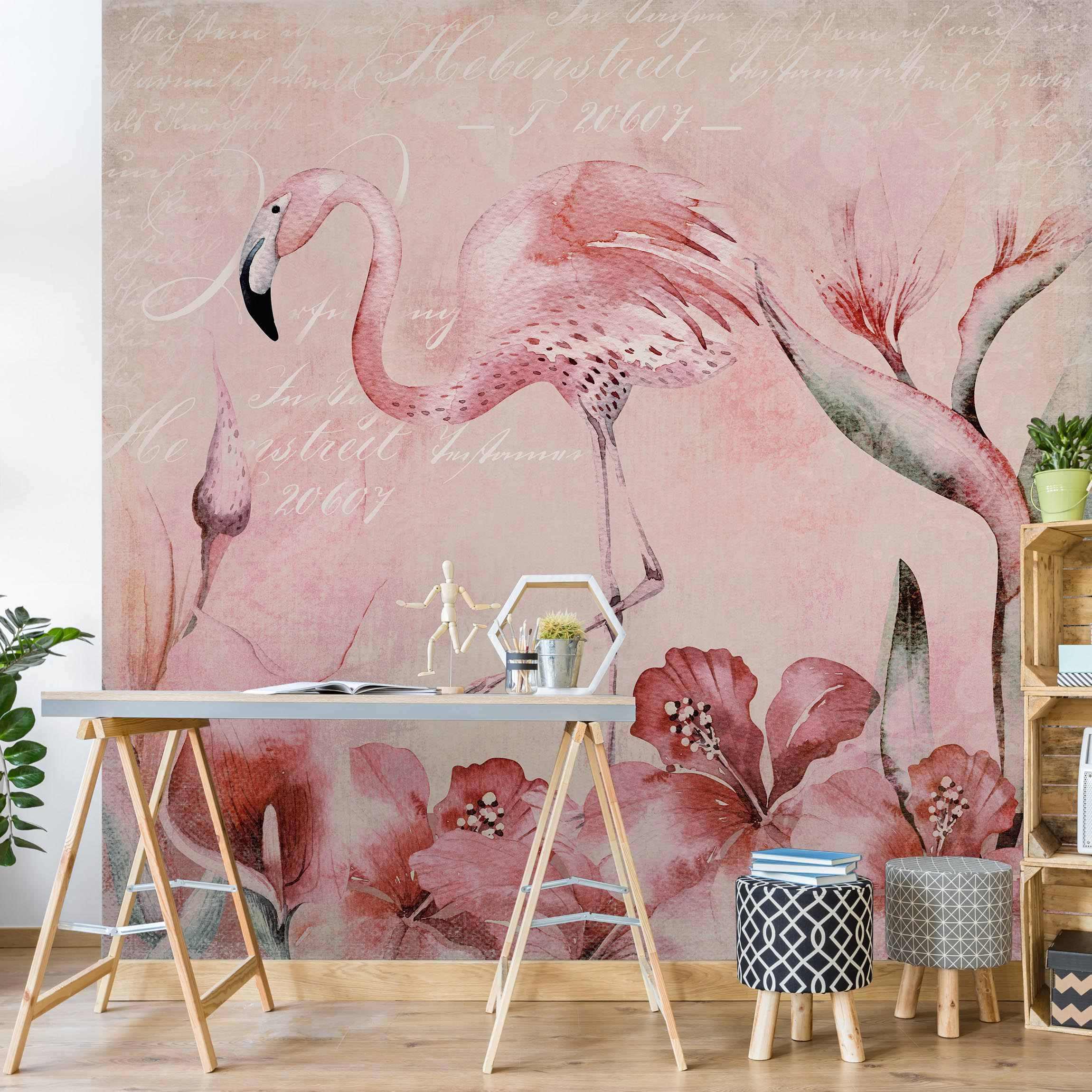 Fototapete Shabby Chic Collage - Flamingo