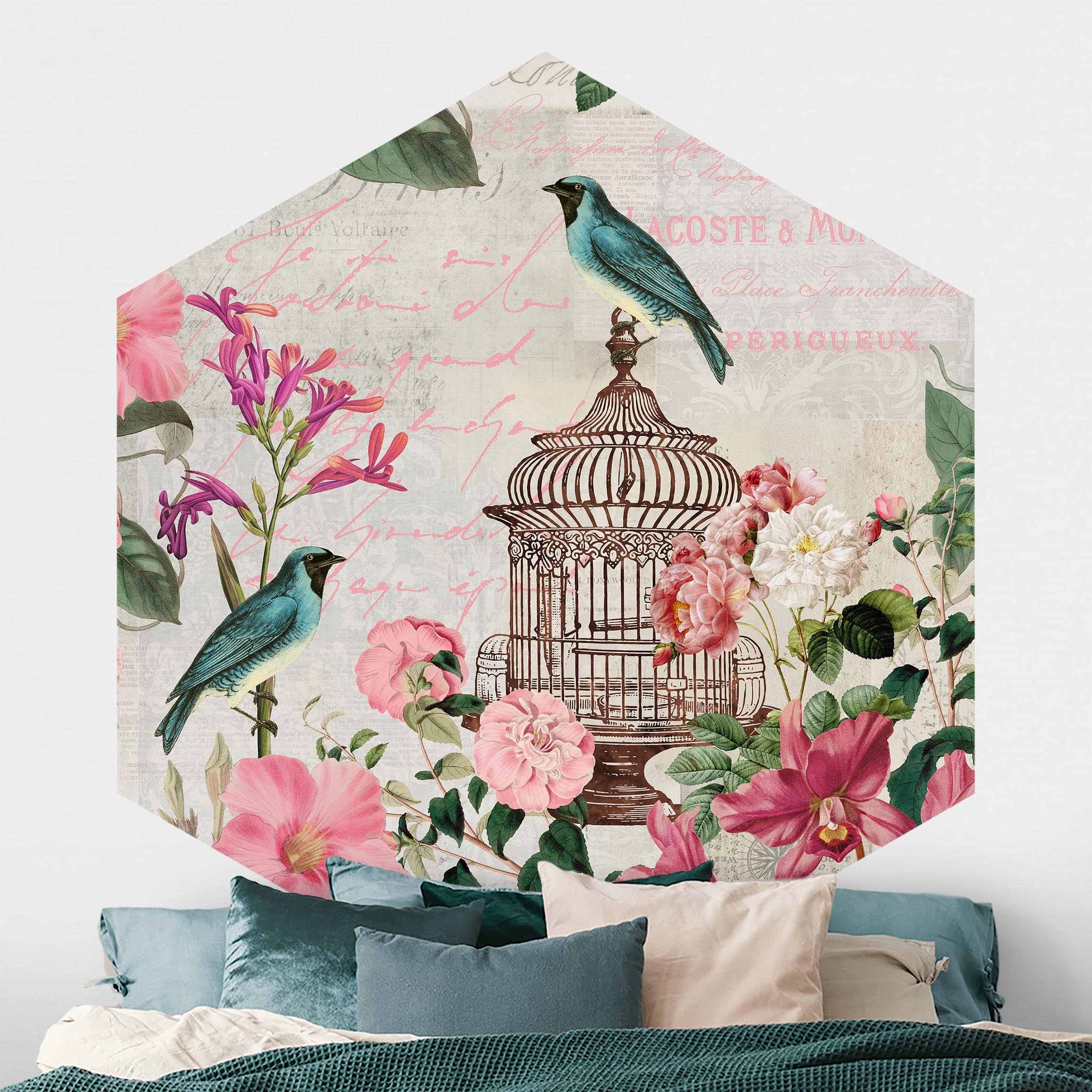 Hexagon Fototapete selbstklebend Shabby Chic Collage - Rosa Blüten und blaue Vögel