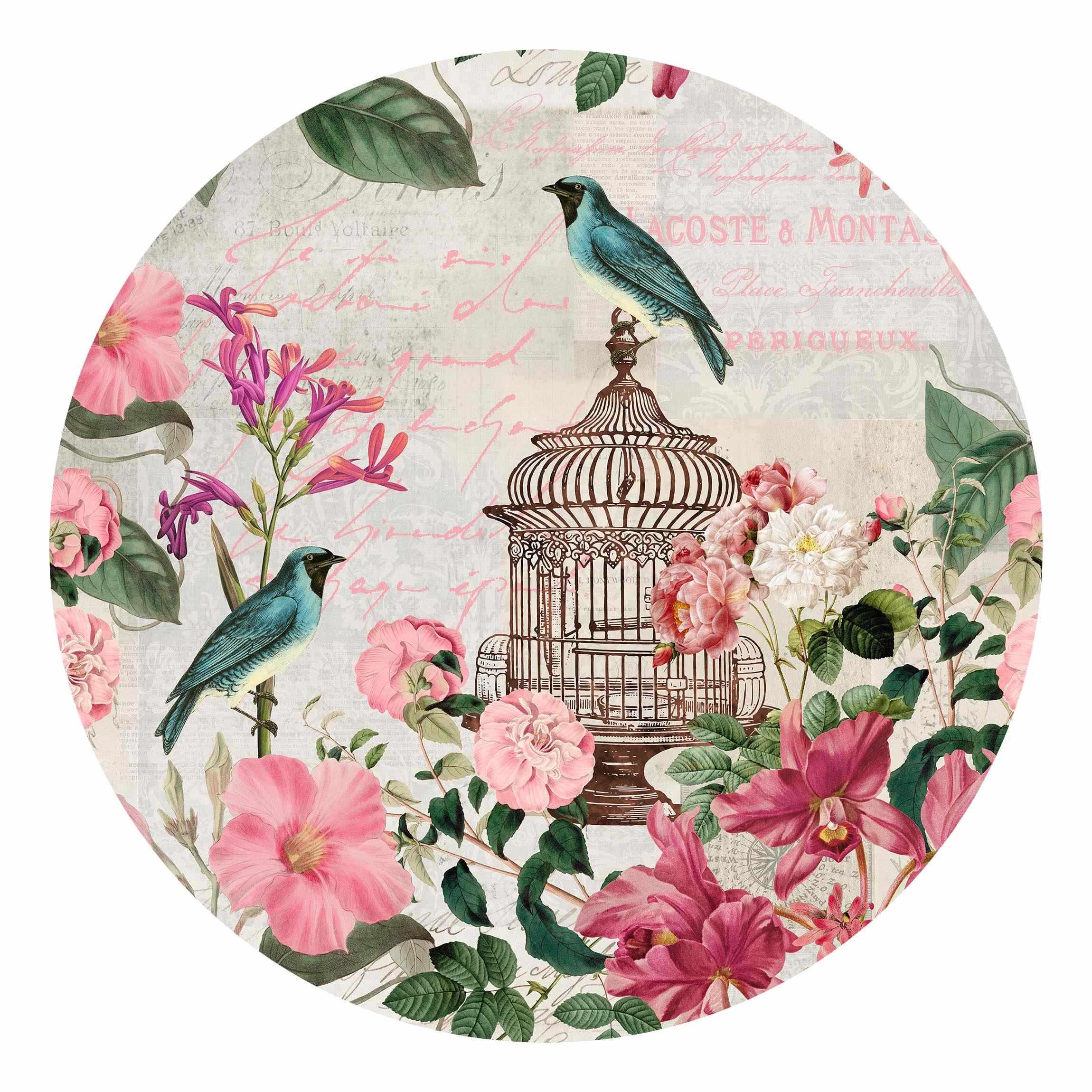 Runde Fototapete Shabby Chic Collage - Rosa Blüten und blaue Vögel