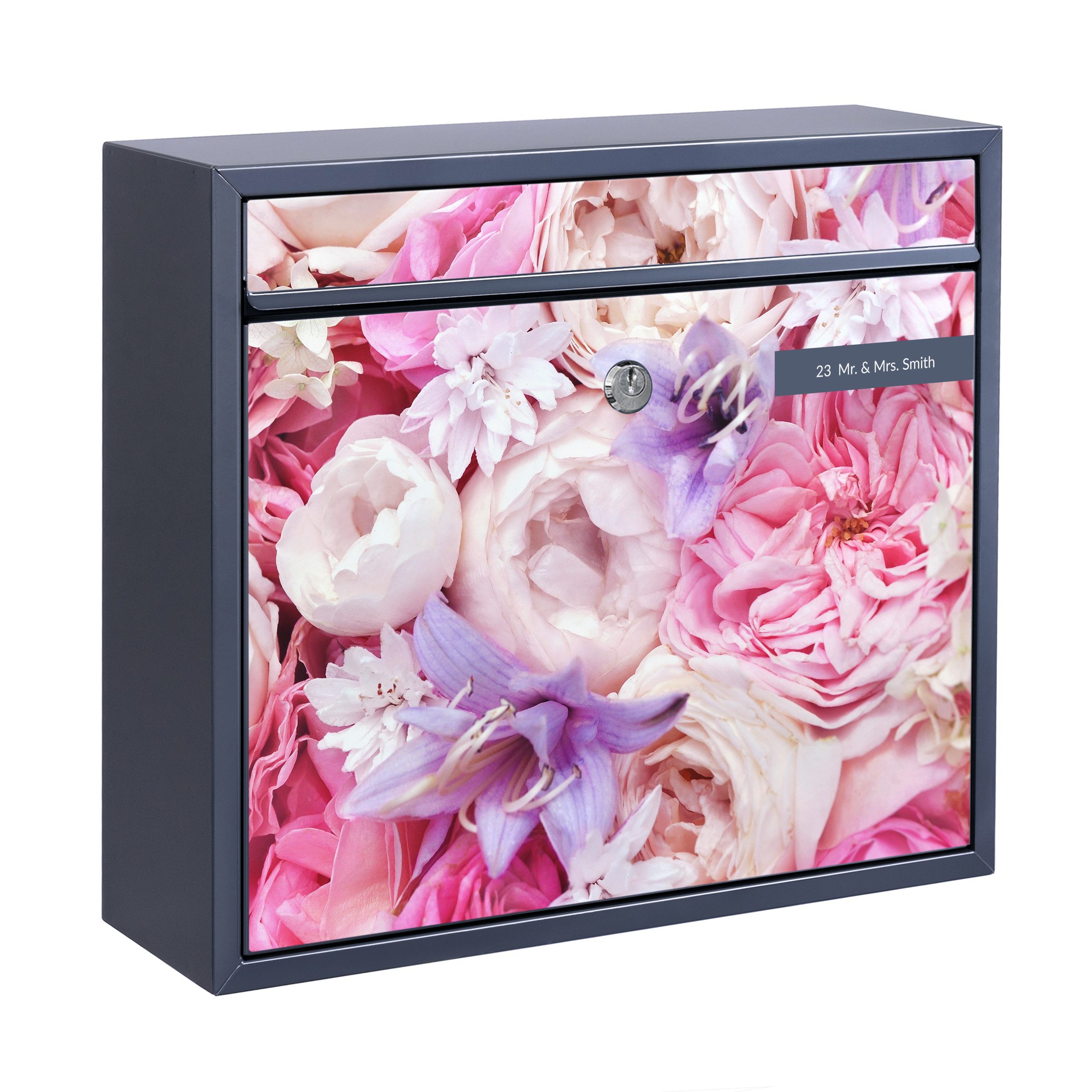 Briefkasten mit eigenem Text Shabby Rosen mit Glockenblumen