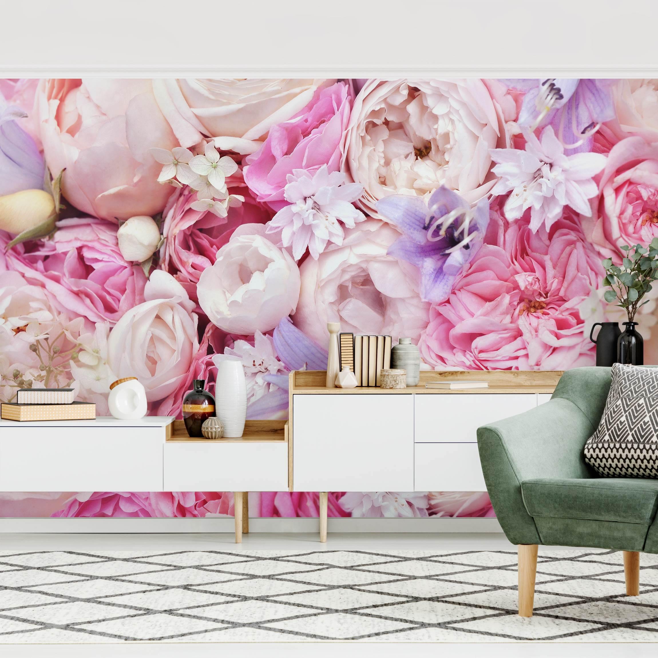 Fototapete Shabby Rosen mit Glockenblumen