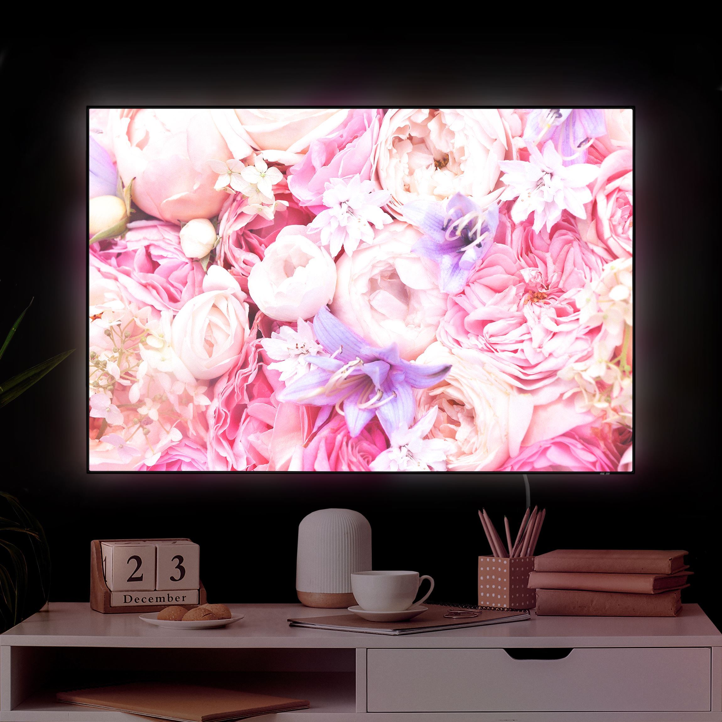 LED-Wechselbild Shabby Rosen mit Glockenblumen