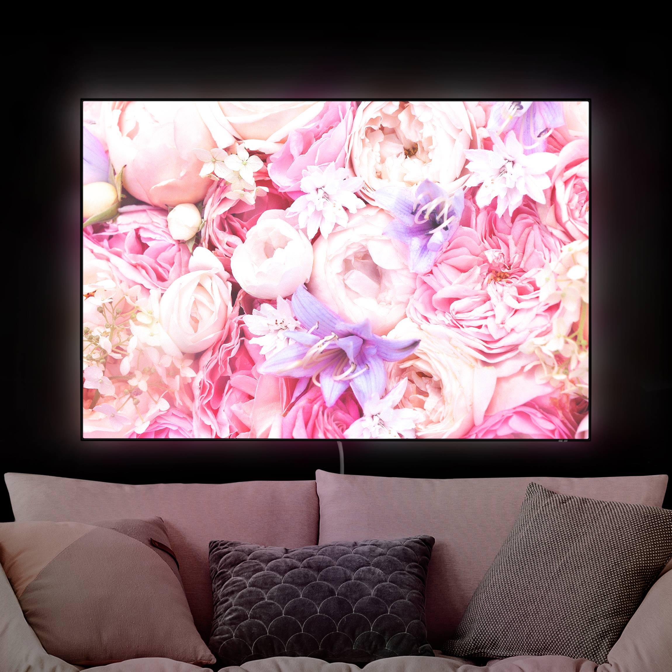 LED-Wechselbild Shabby Rosen mit Glockenblumen