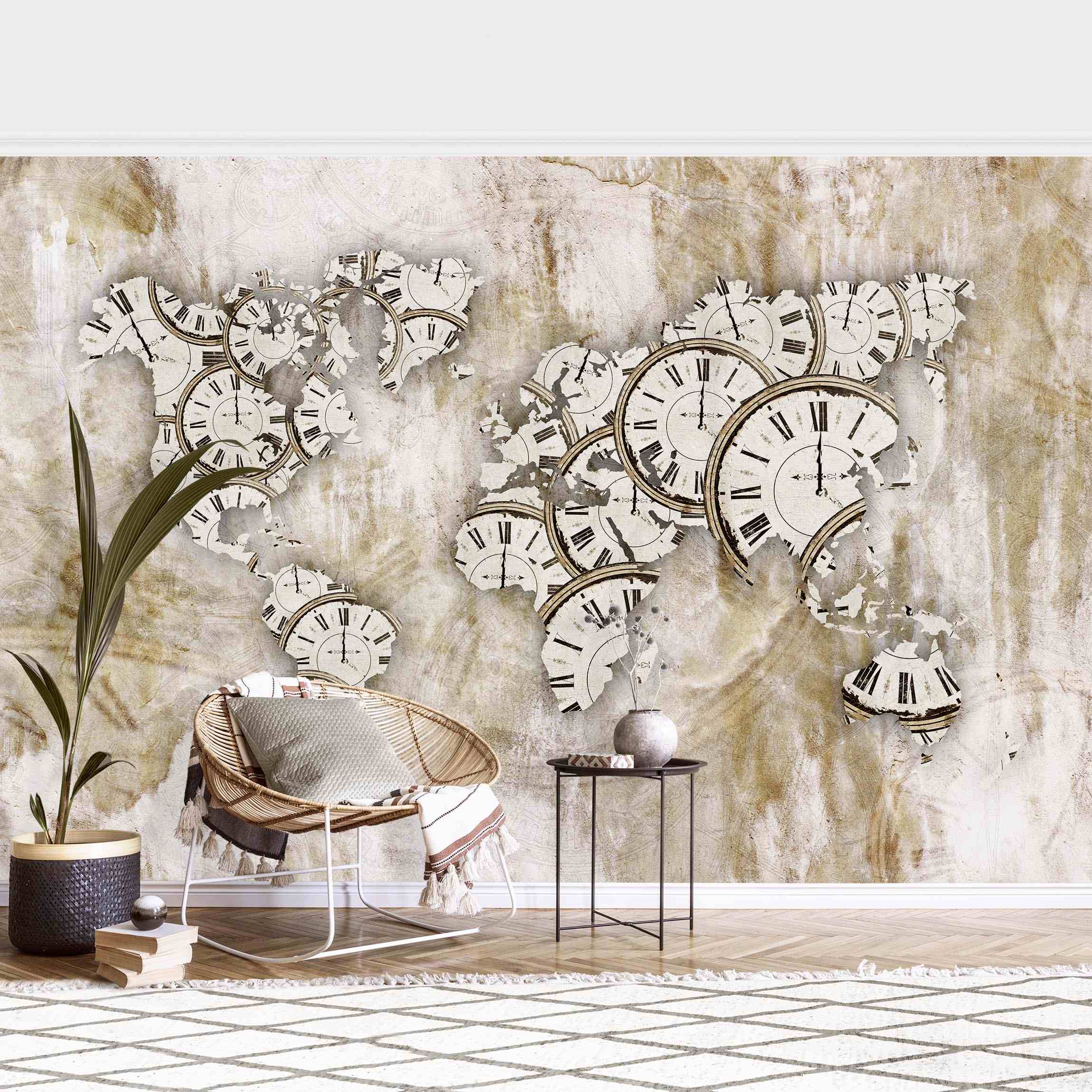 Tapete Betonoptik Shabby Uhren Weltkarte