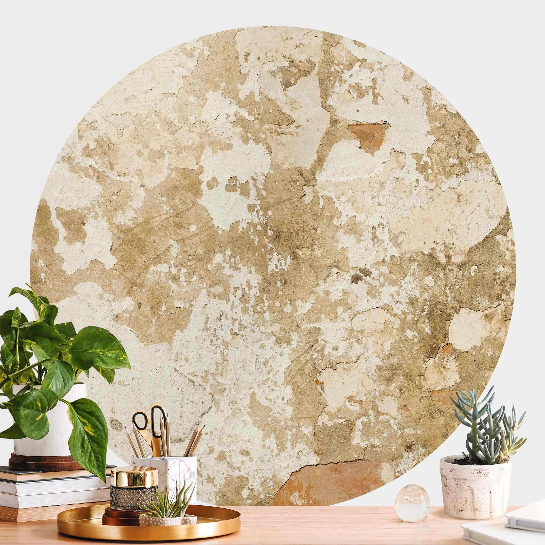 Runde Tapete selbstklebend Shabby Wand in Beige