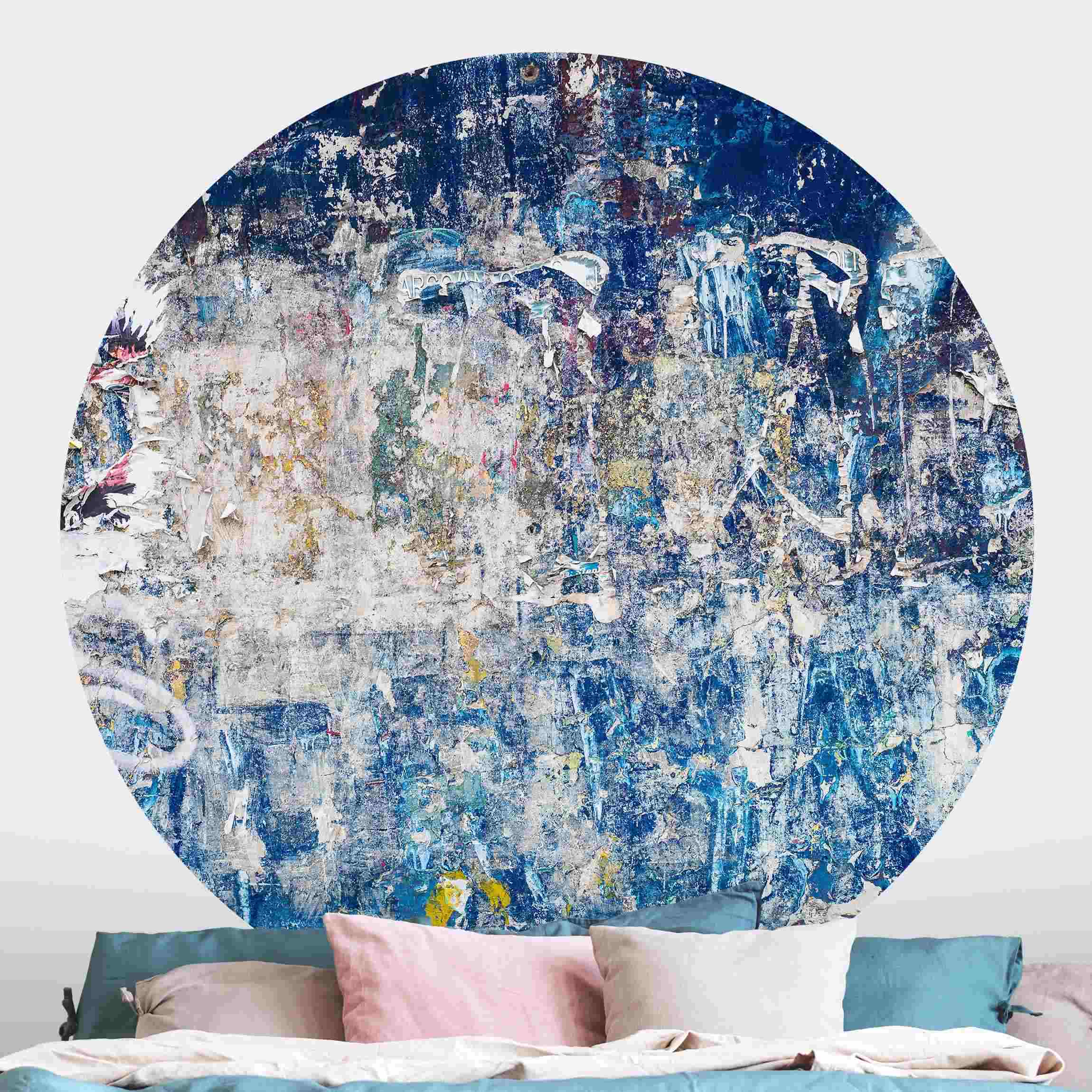 Runde Tapete selbstklebend Shabby Wand in Blau