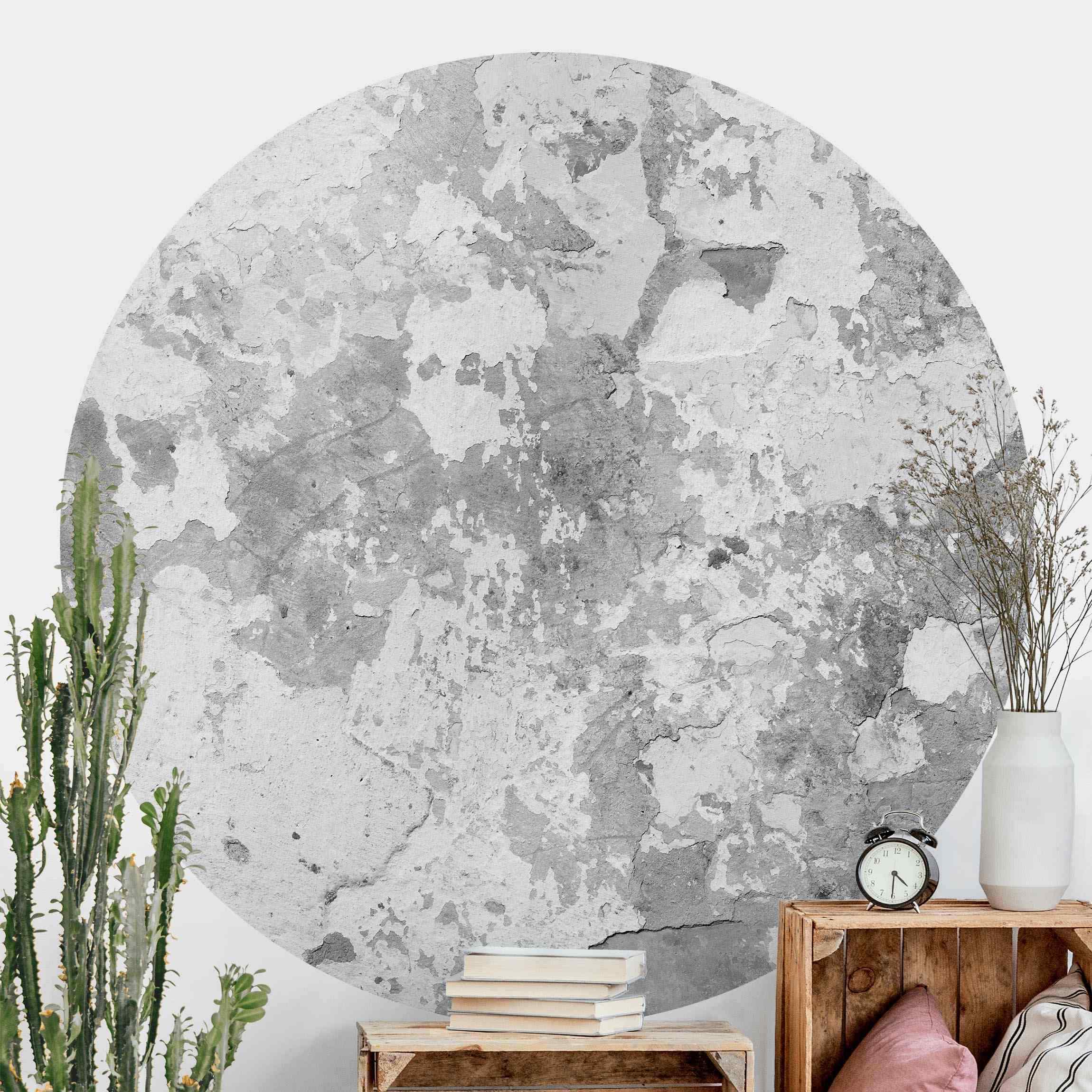 Runde Tapete selbstklebend Shabby Wand in Grau