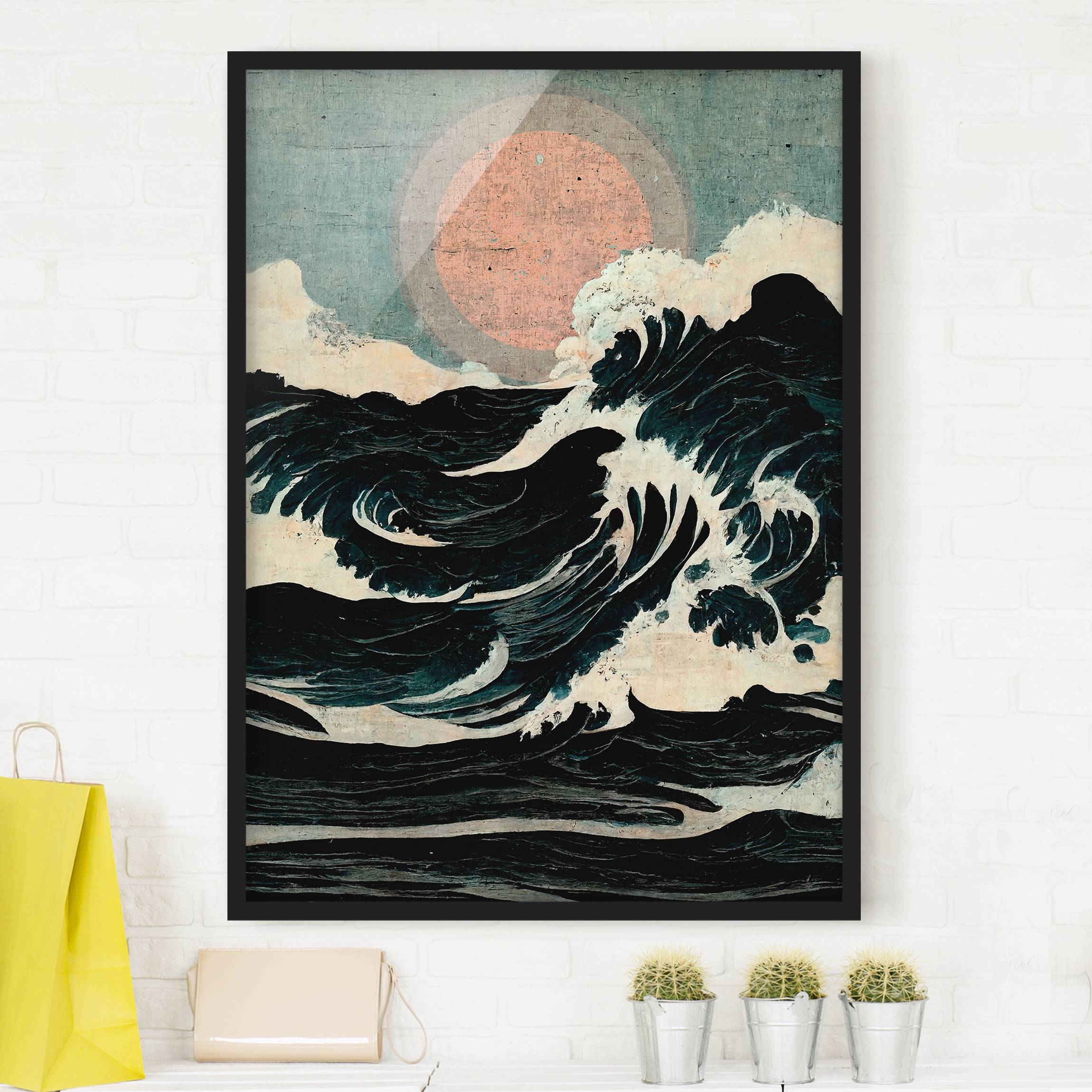 Bild mit Rahmen Shabby Wellen Illustration mit Sonne