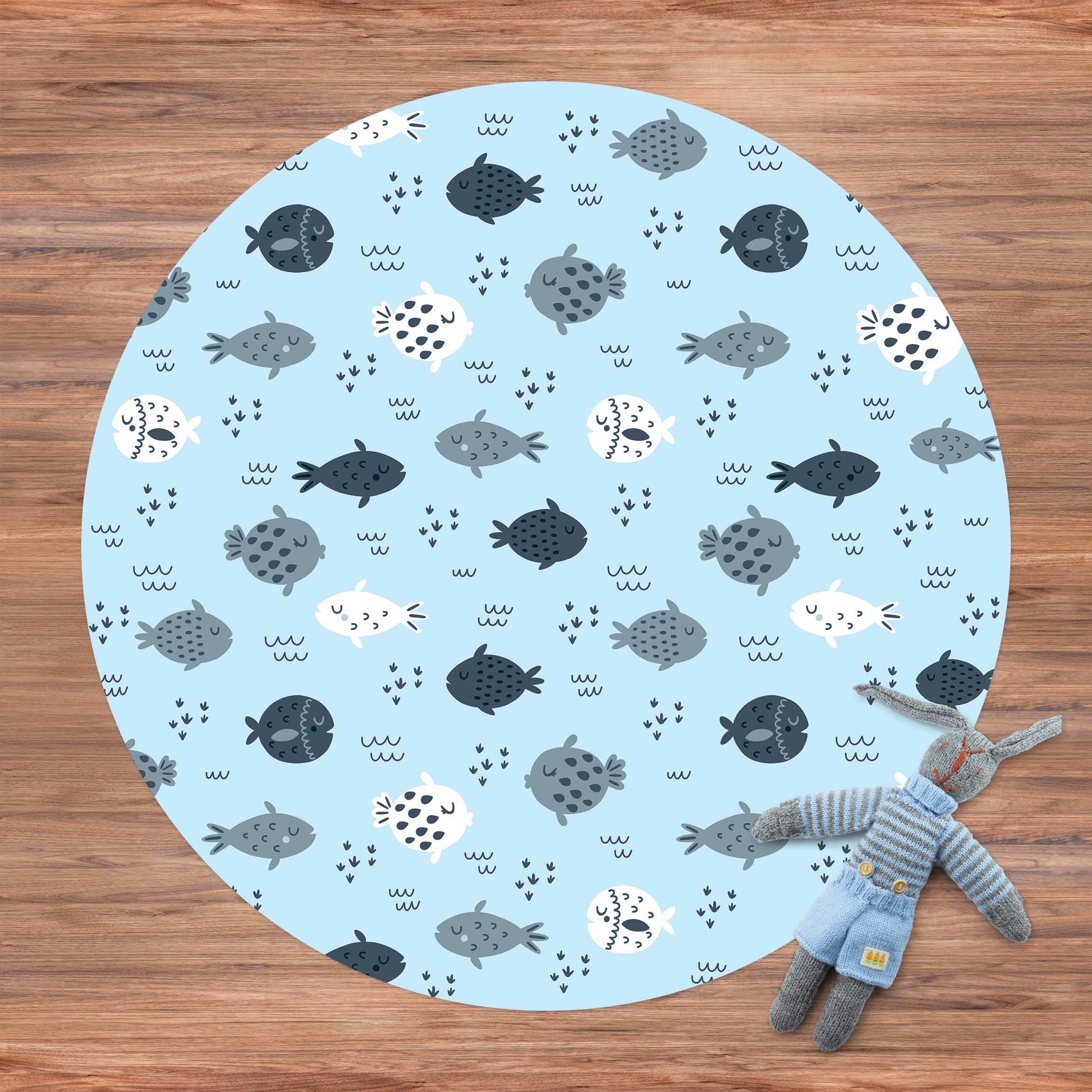 Runder Vinyl-Teppich Skandinavische Fische in Pastellblau