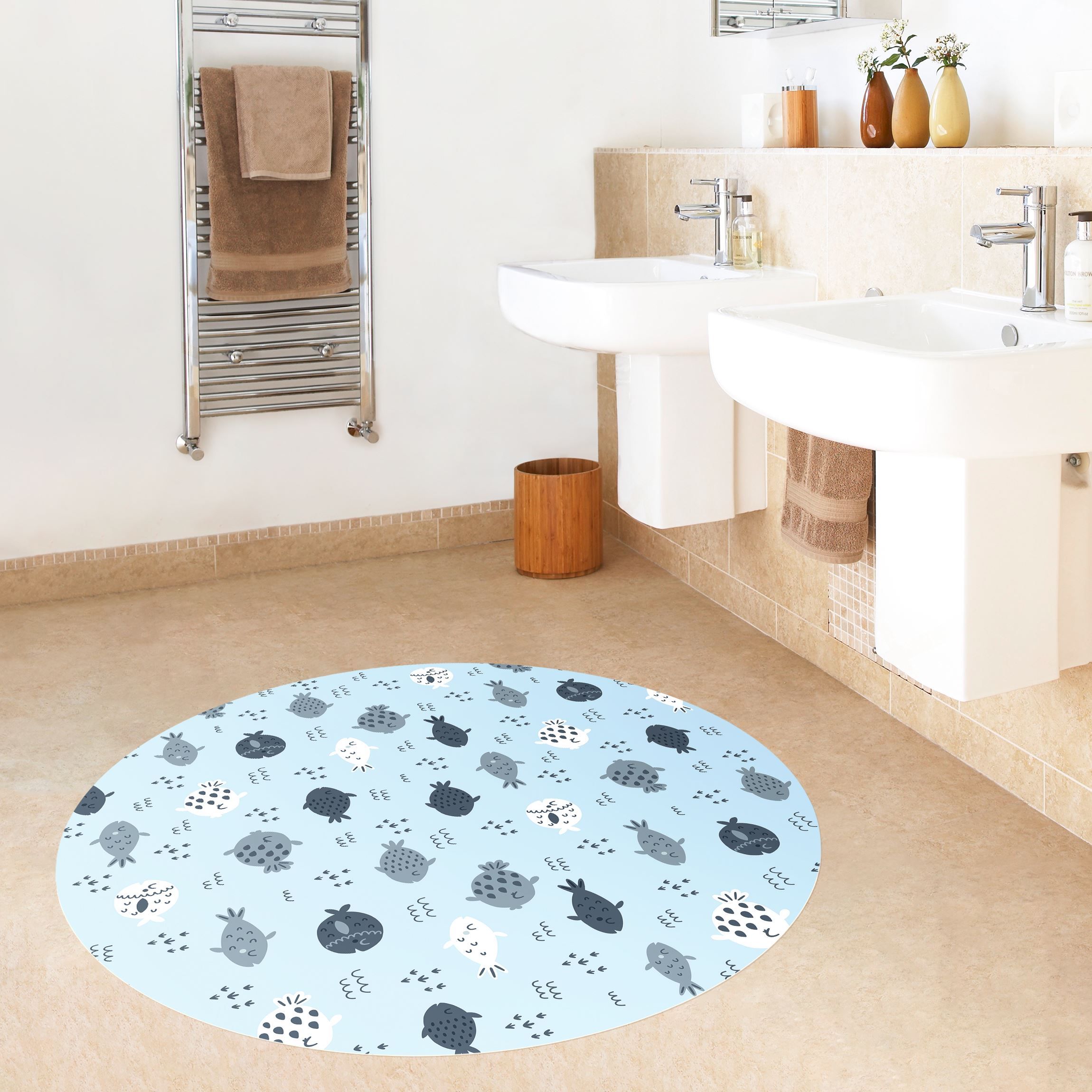 Runder Vinyl-Teppich Skandinavische Fische in Pastellblau