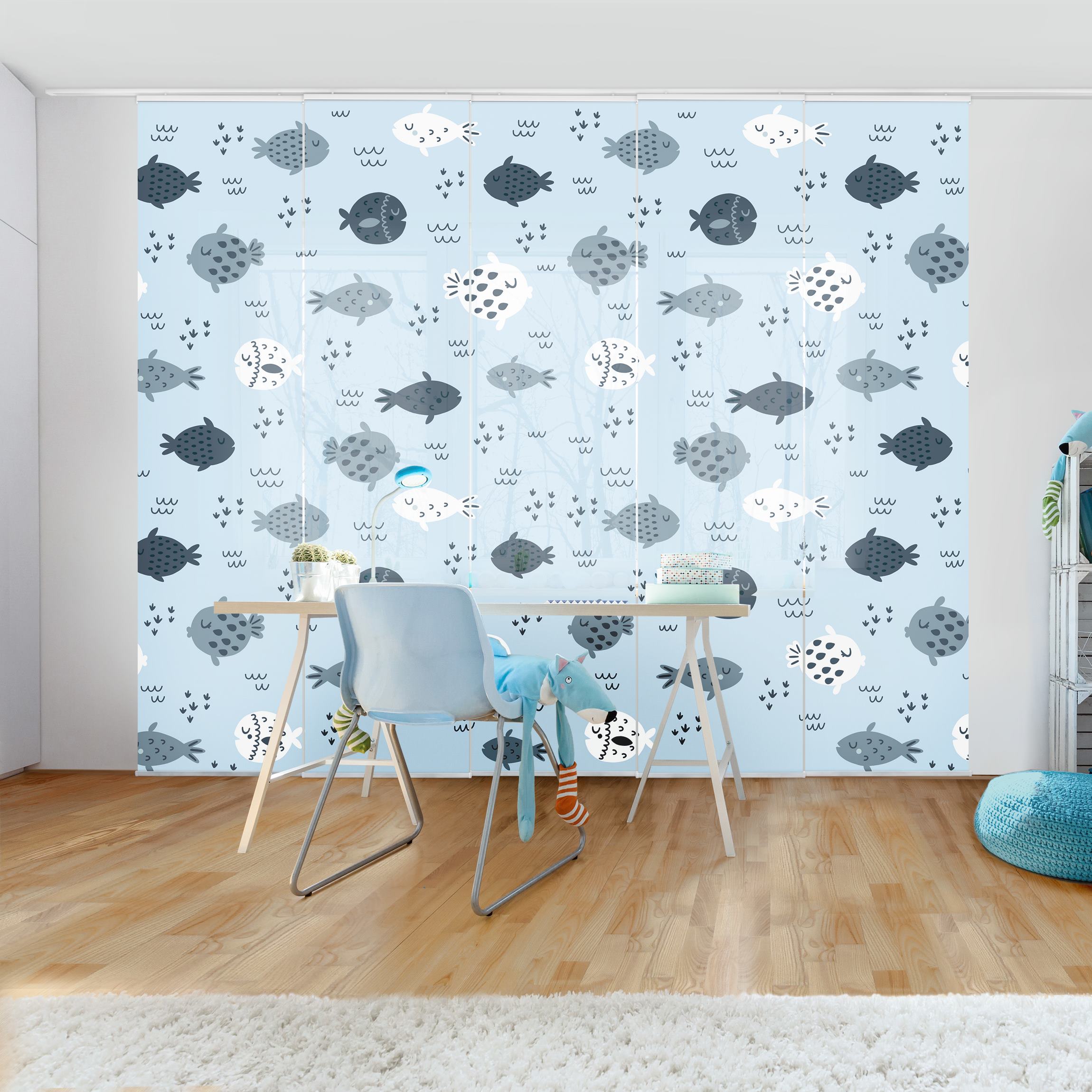 Schiebegardine Skandinavische Fische in Pastellblau