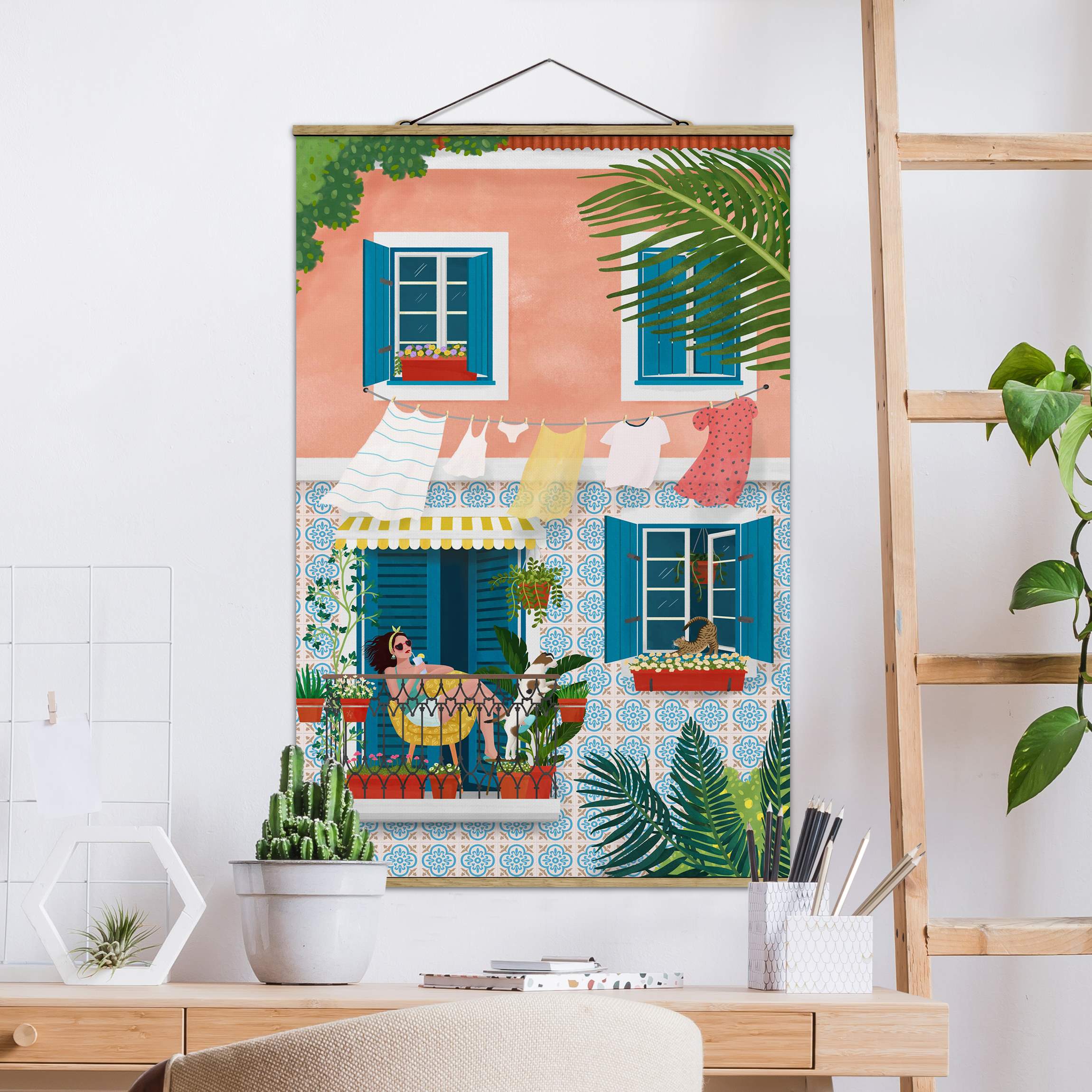 Stoffbild mit Posterleisten Sommer auf dem Balkon