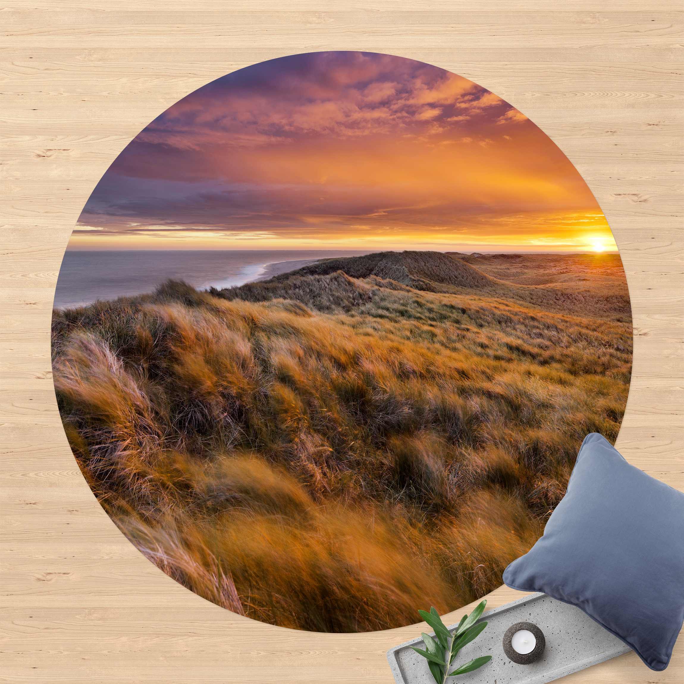 Runder Vinyl-Teppich Sonnenaufgang am Strand auf Sylt