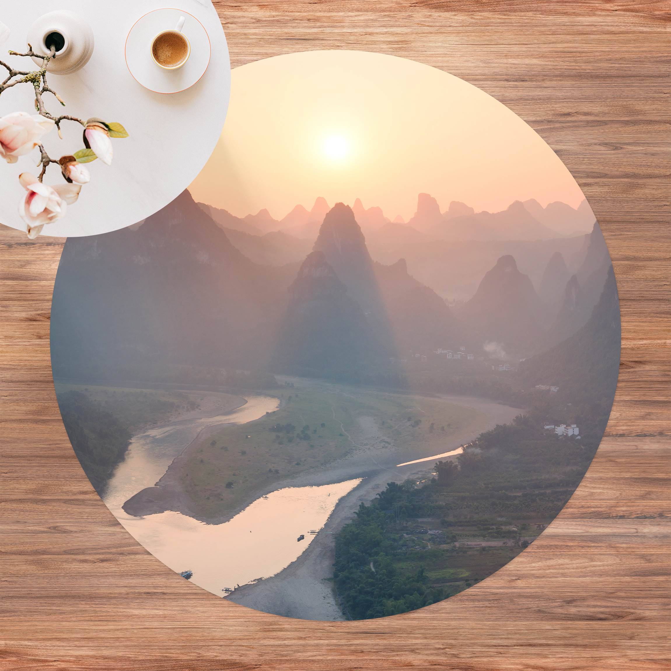 Runder Vinyl-Teppich Sonnenaufgang in Berglandschaft
