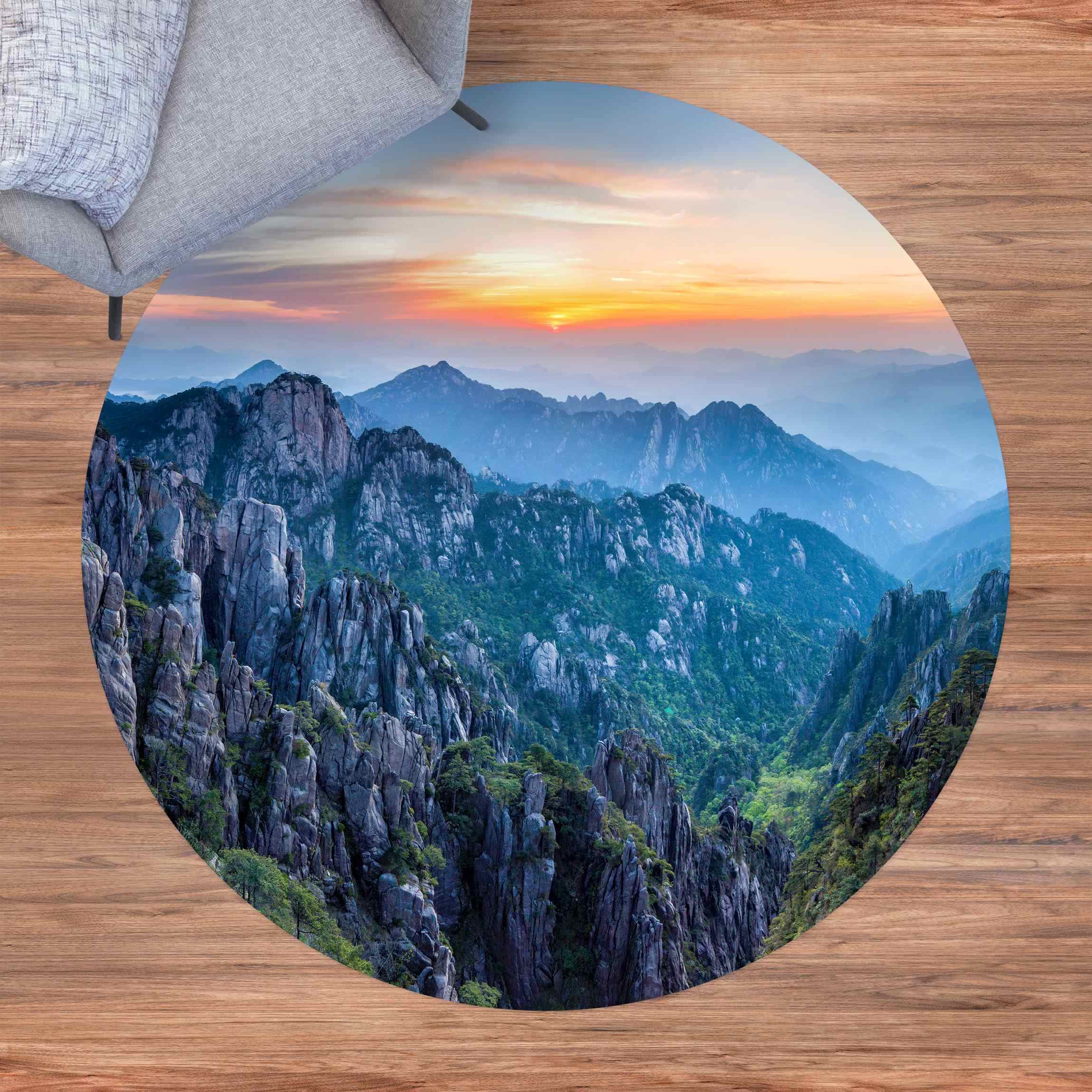 Runder Vinyl-Teppich Sonnenaufgang über dem Huangshan Gebirge