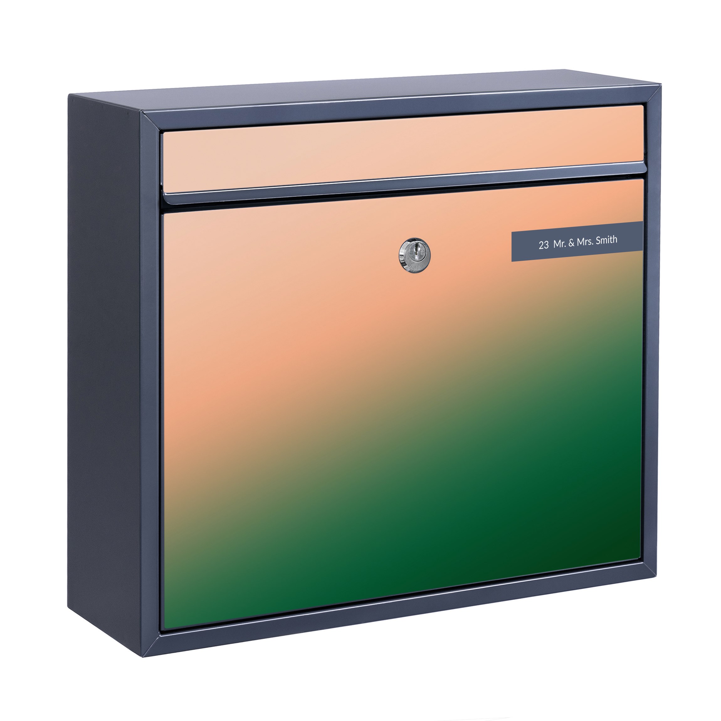 Briefkasten mit eigenem Text Sonnenaufgang über Wald Farbverlauf