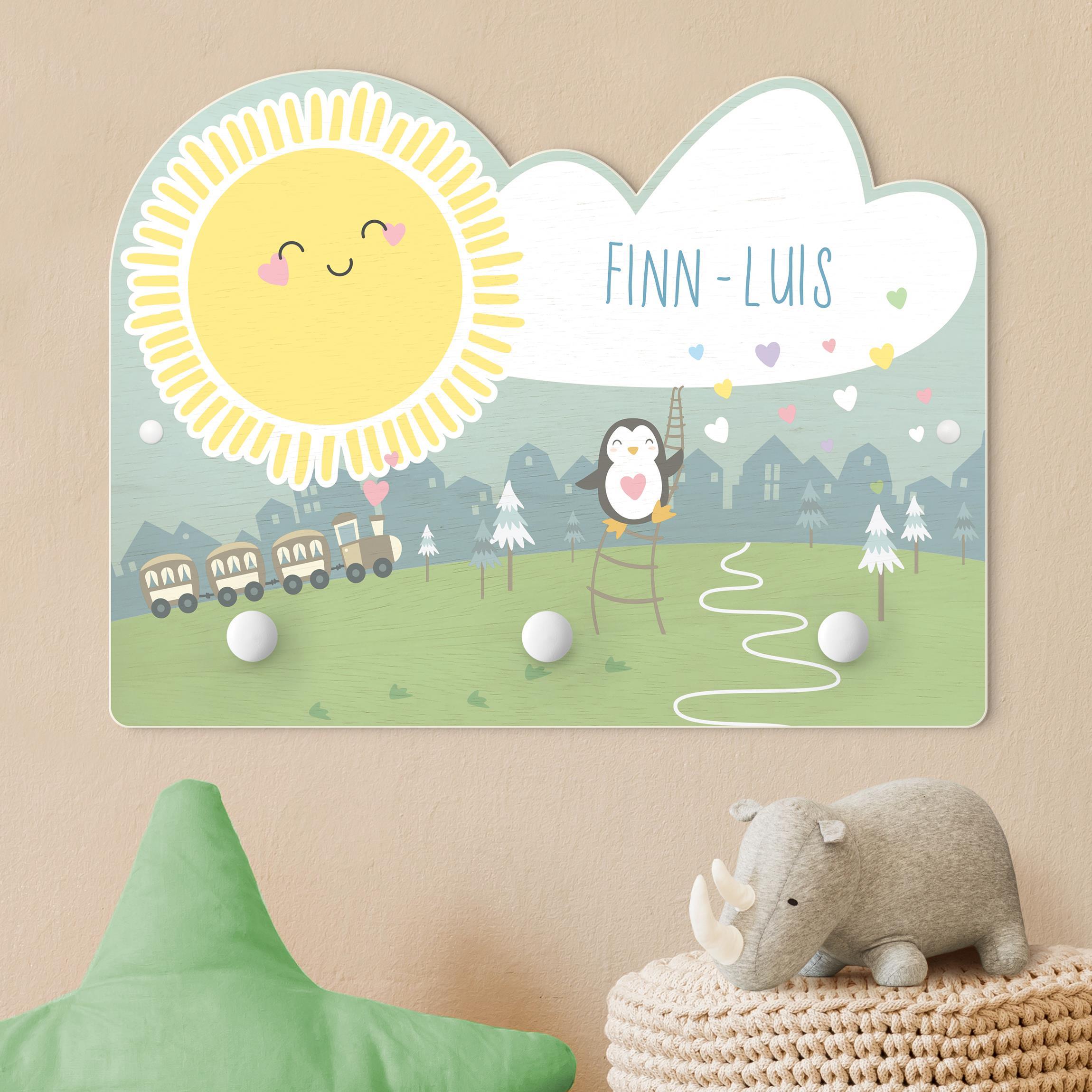 Kindergarderobe Holz mit Namen Sonnenschein und Herzregen mit Wunschname