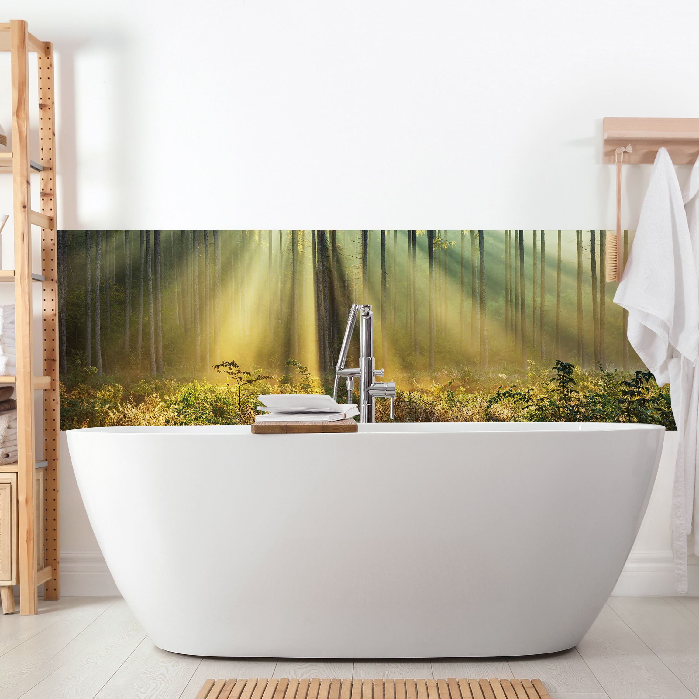 Wandverkleidung Bad Sonnenstrahlen im Nebelwald