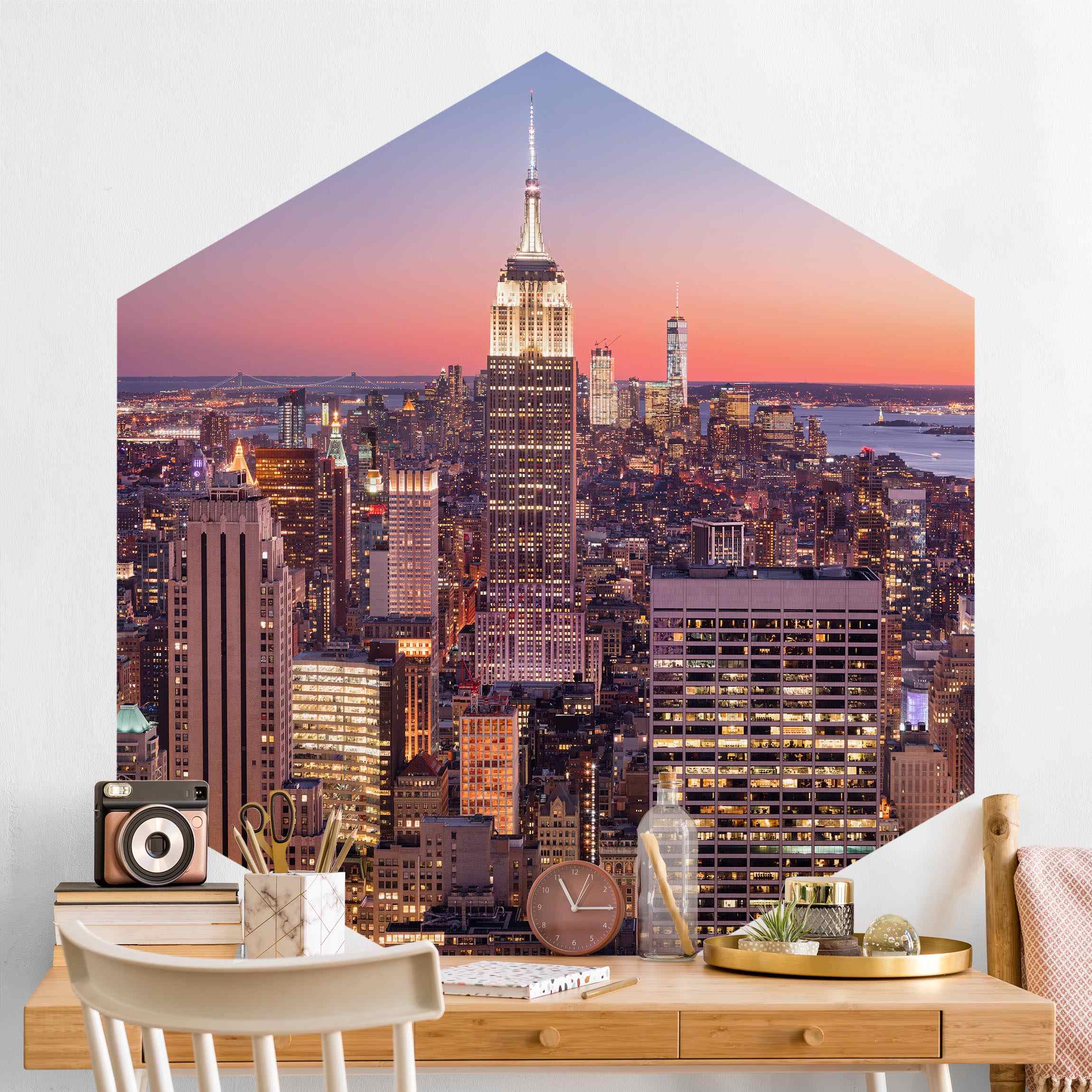 Hexagon Fototapete selbstklebend Sonnenuntergang Manhattan New York City
