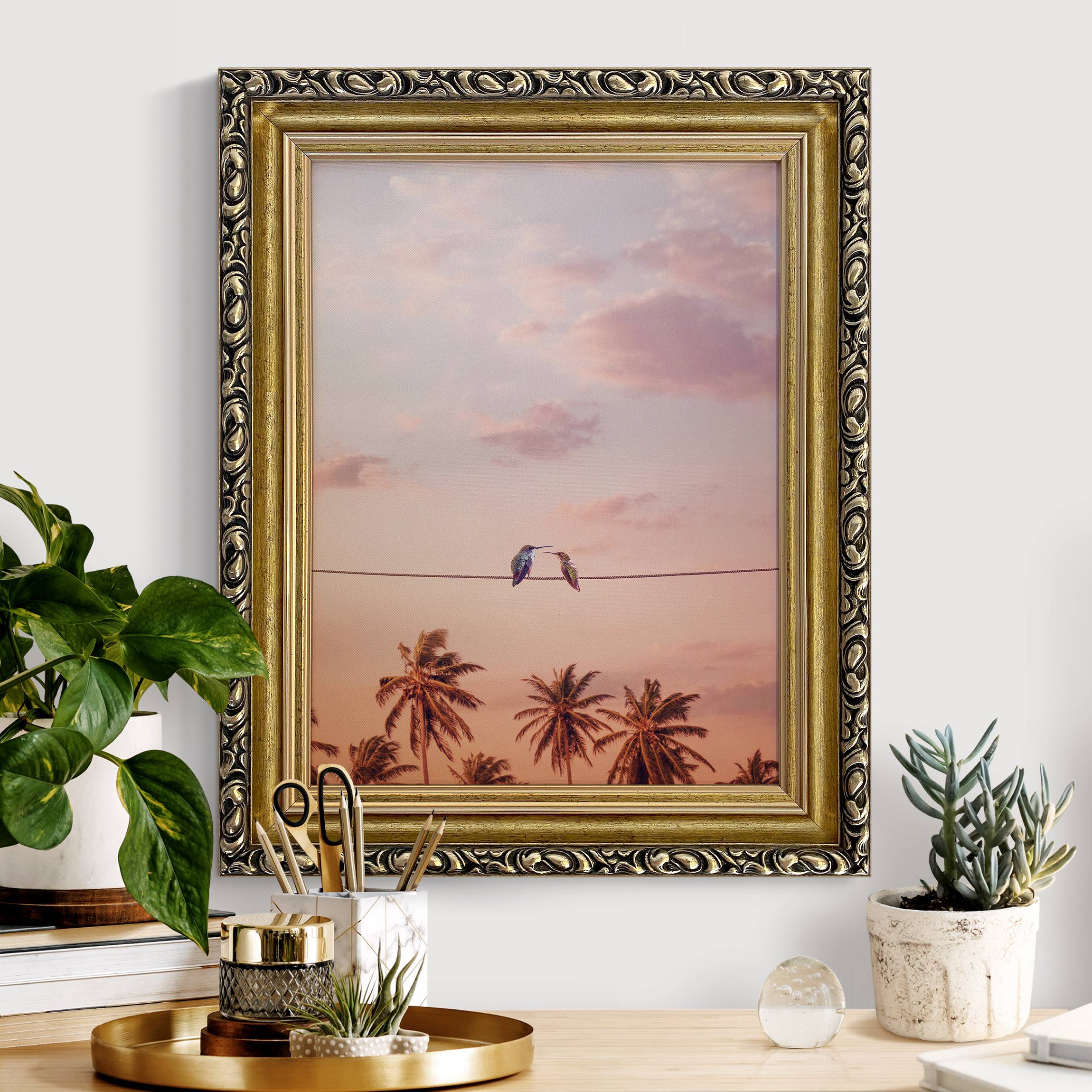 Leinwandbild mit Barockrahmen Sonnenuntergang mit Kolibris