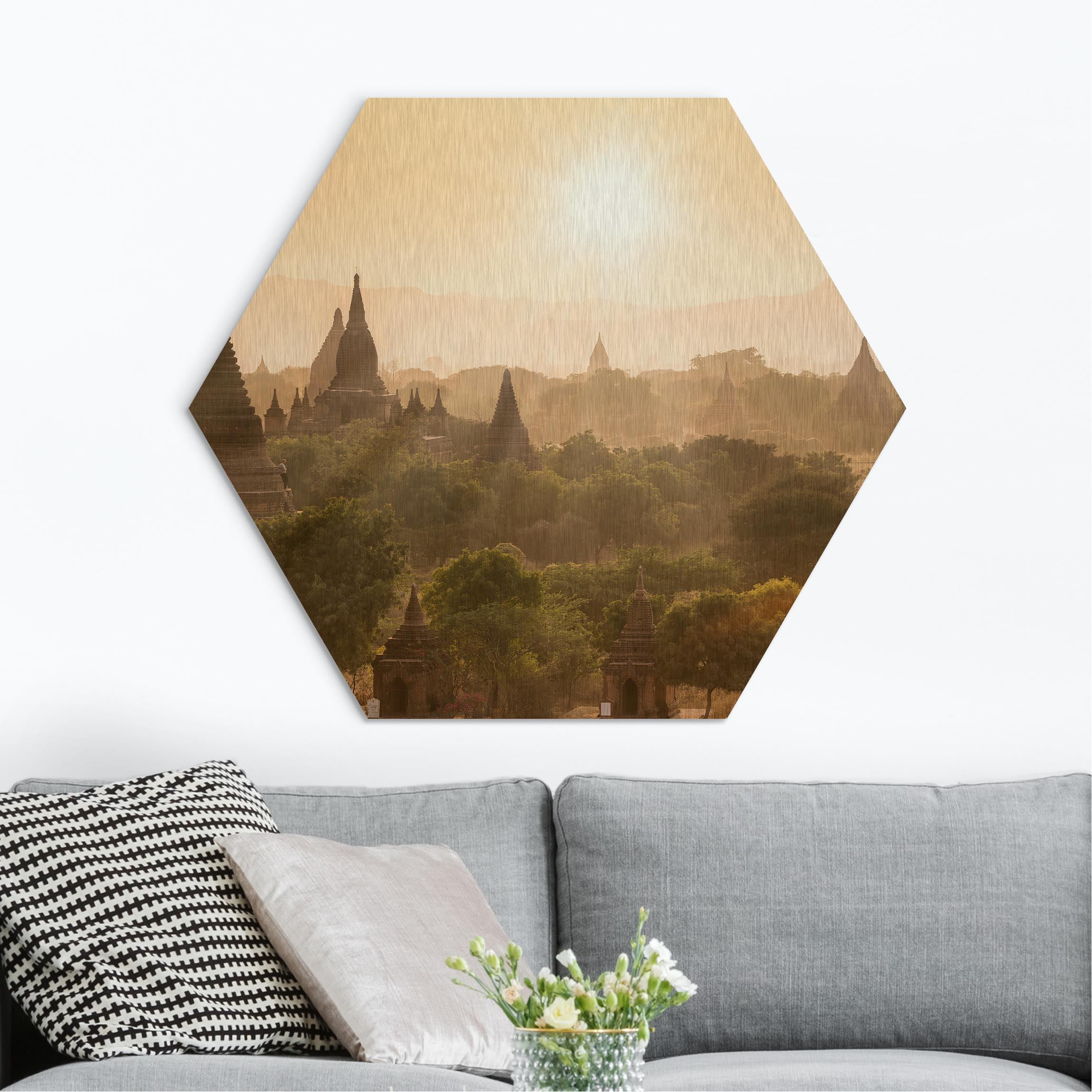 Hexagon-Alu-Dibond Bild Sonnenuntergang über Bagan