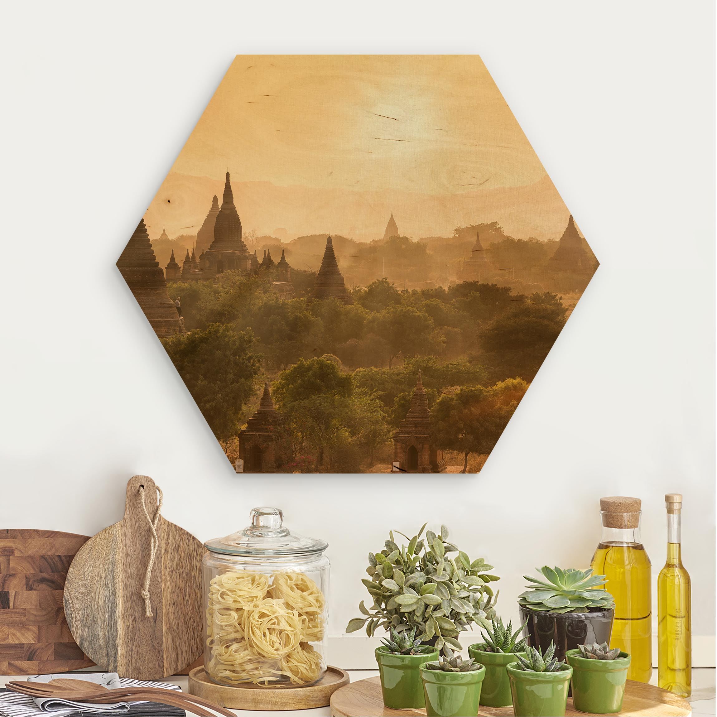 Hexagon-Holzbild Sonnenuntergang über Bagan
