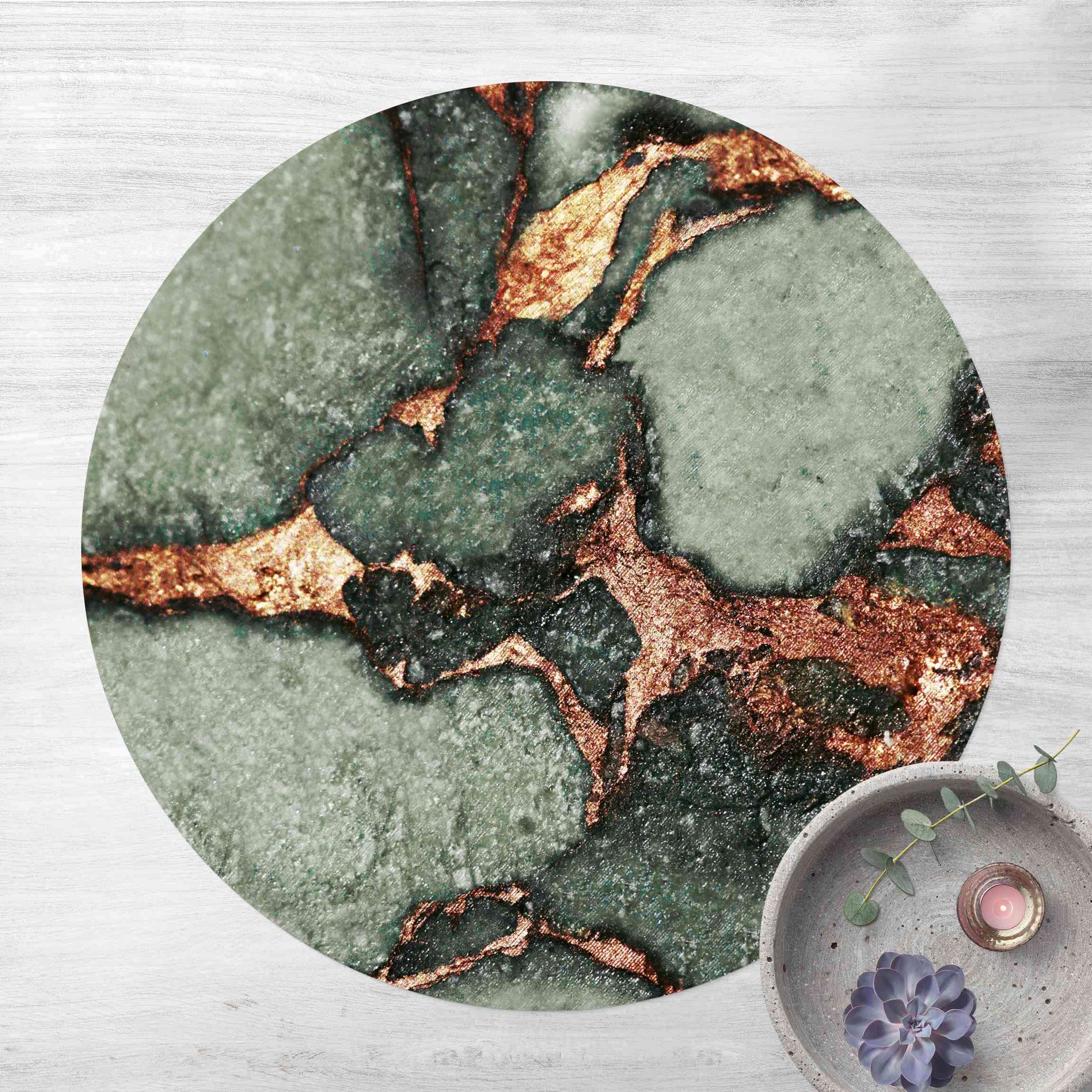 Runder Vinyl-Teppich Spiel der Farben Farngrün und Gold
