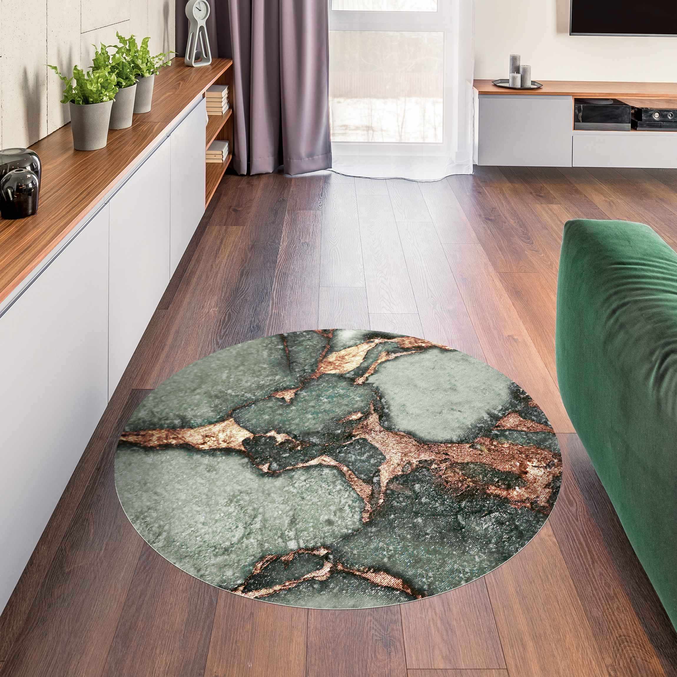 Runder Vinyl-Teppich Spiel der Farben Farngrün und Gold