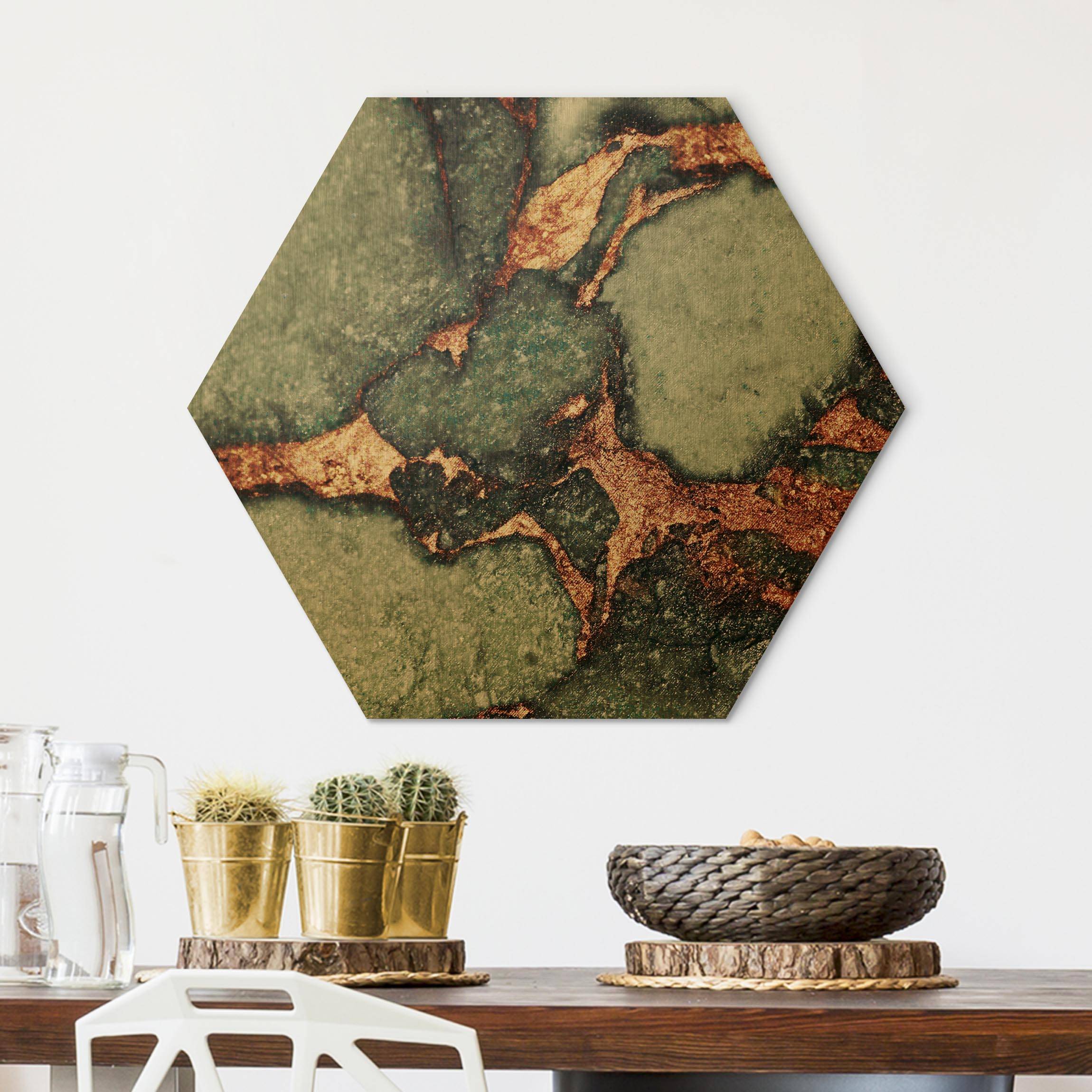 Hexagon-Alu-Dibond Bild Spiel der Farben Farngrün und Gold