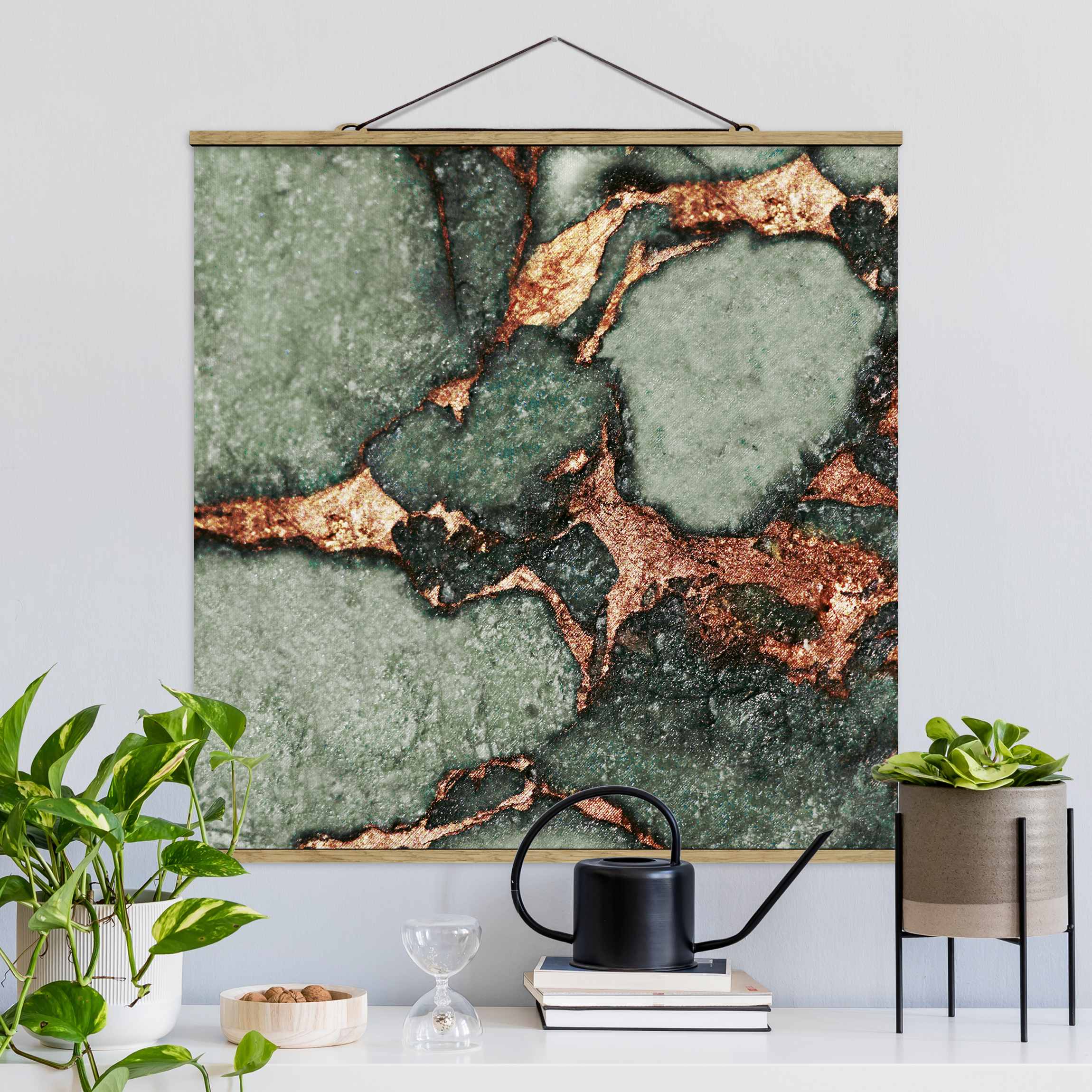 Stoffbild Spiel der Farben Farngrün und Gold