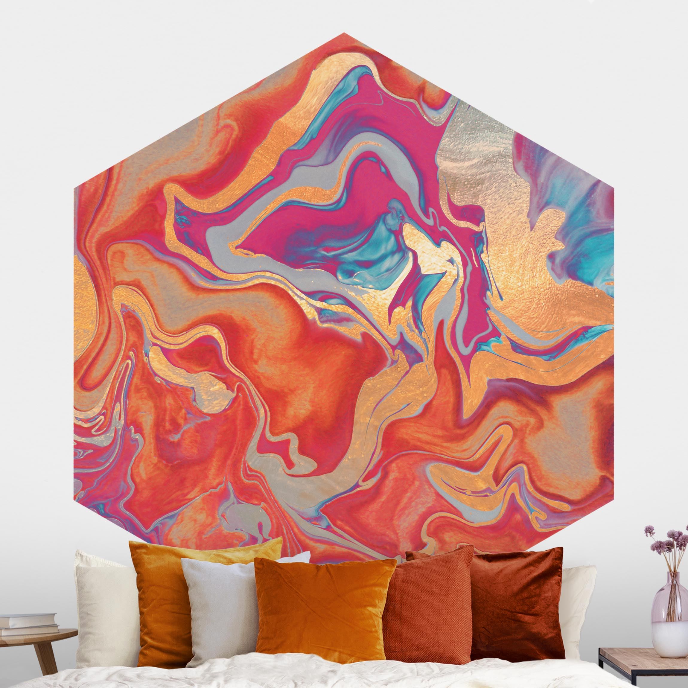 Hexagon Mustertapete Spiel der Farben Goldenes Feuer