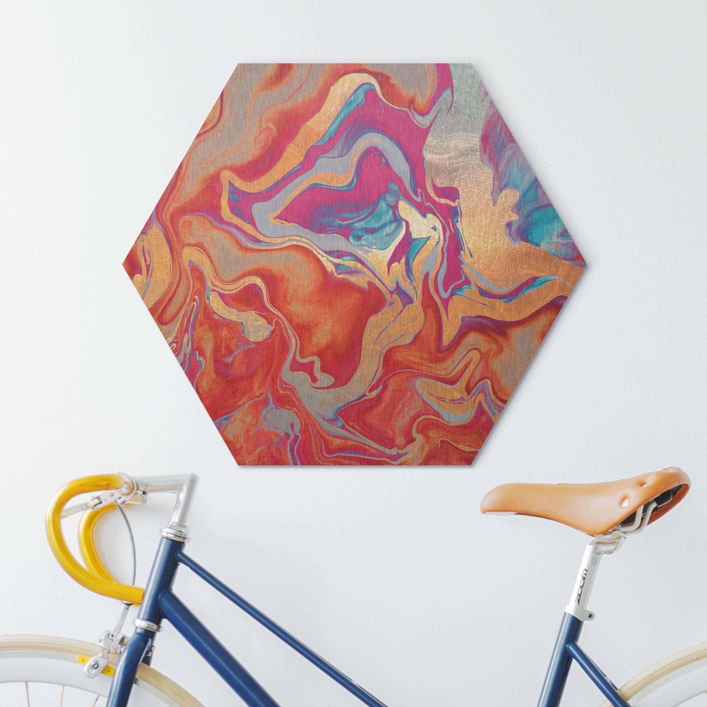 Hexagon-Alu-Dibond Bild Spiel der Farben Goldenes Feuer