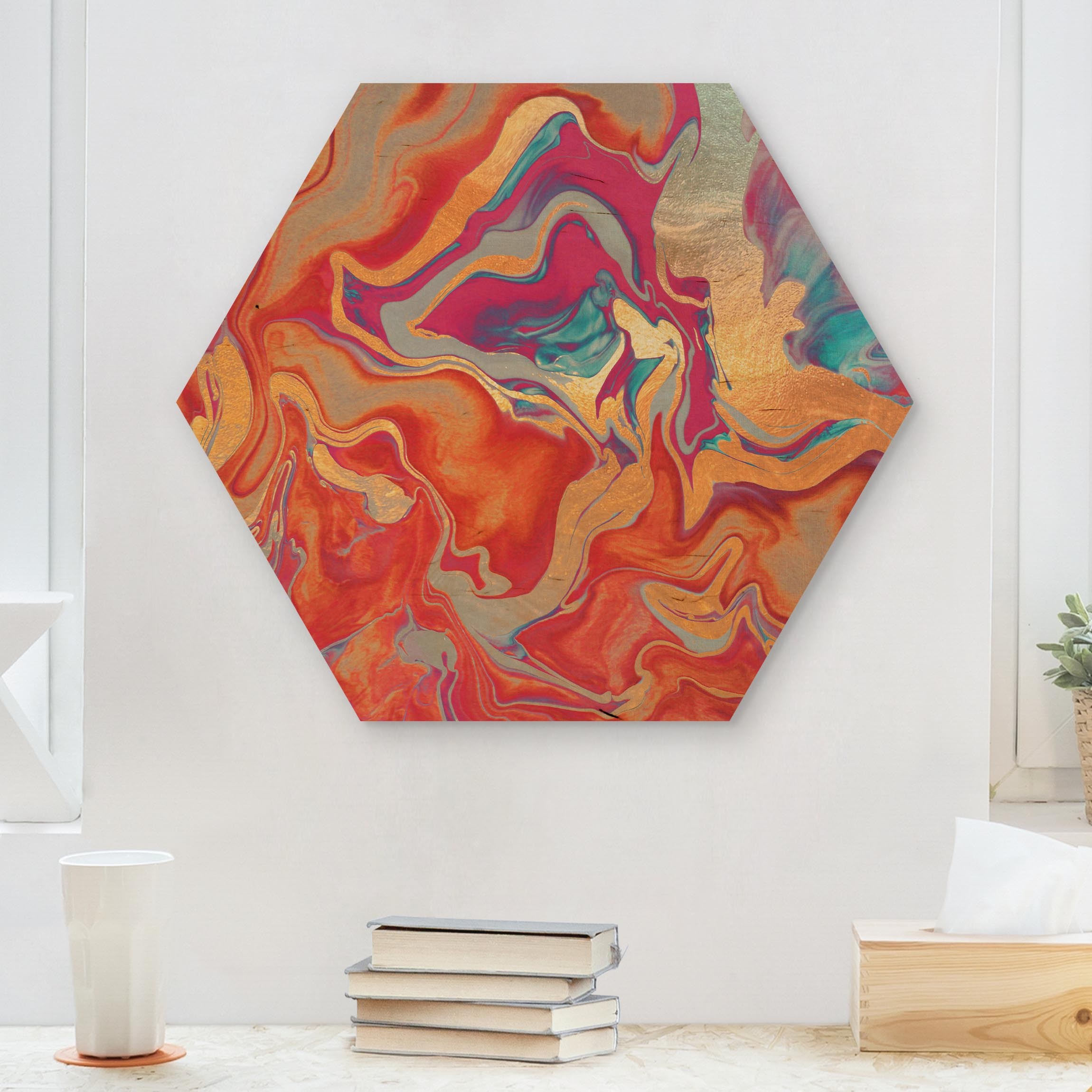 Hexagon-Holzbild Spiel der Farben Goldenes Feuer