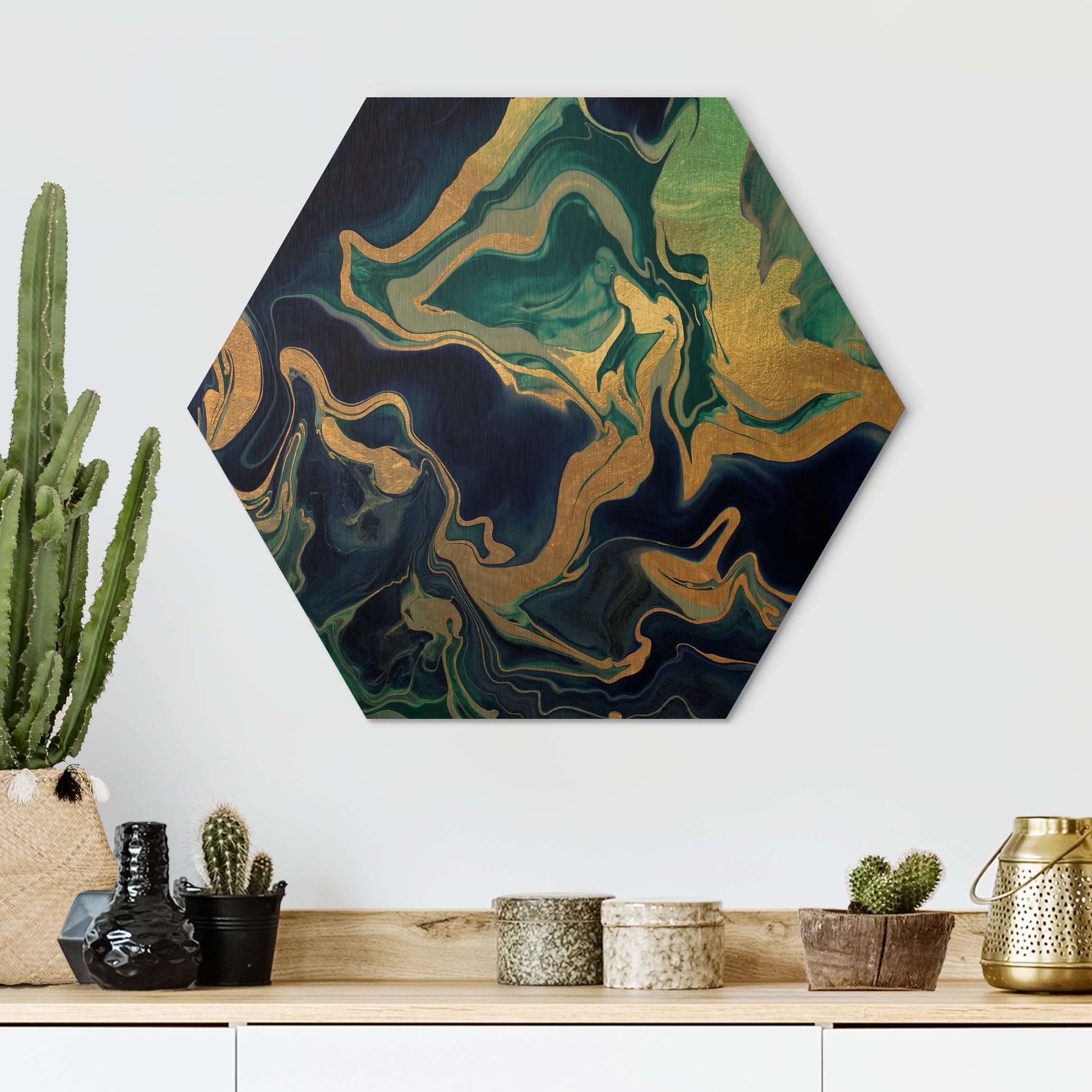 Hexagon-Alu-Dibond Bild Spiel der Farben Indigo Feuer